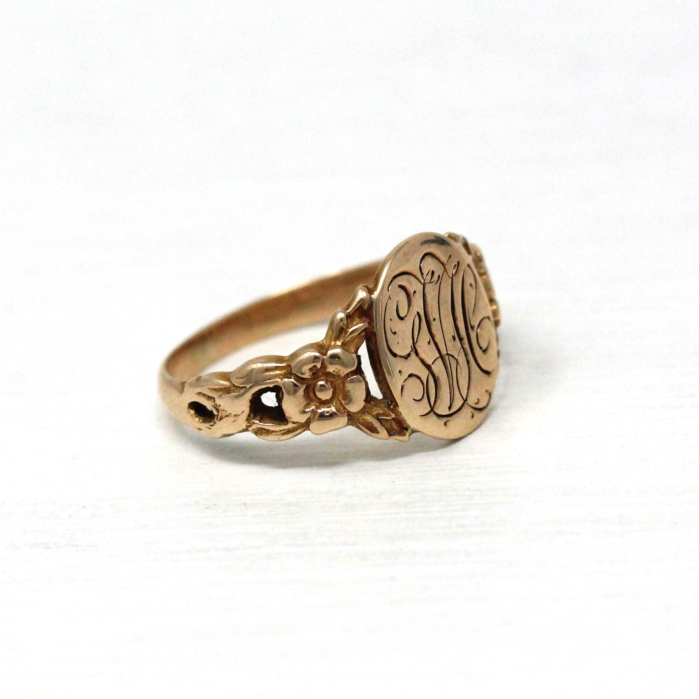 Antique Signet Ring - Edwardian 10k Rose Gold Engraved Initials "GVC" Letters - Vintage Circa 1900s Era Size 5 1/4 Monogrammed Fine Jewelry
