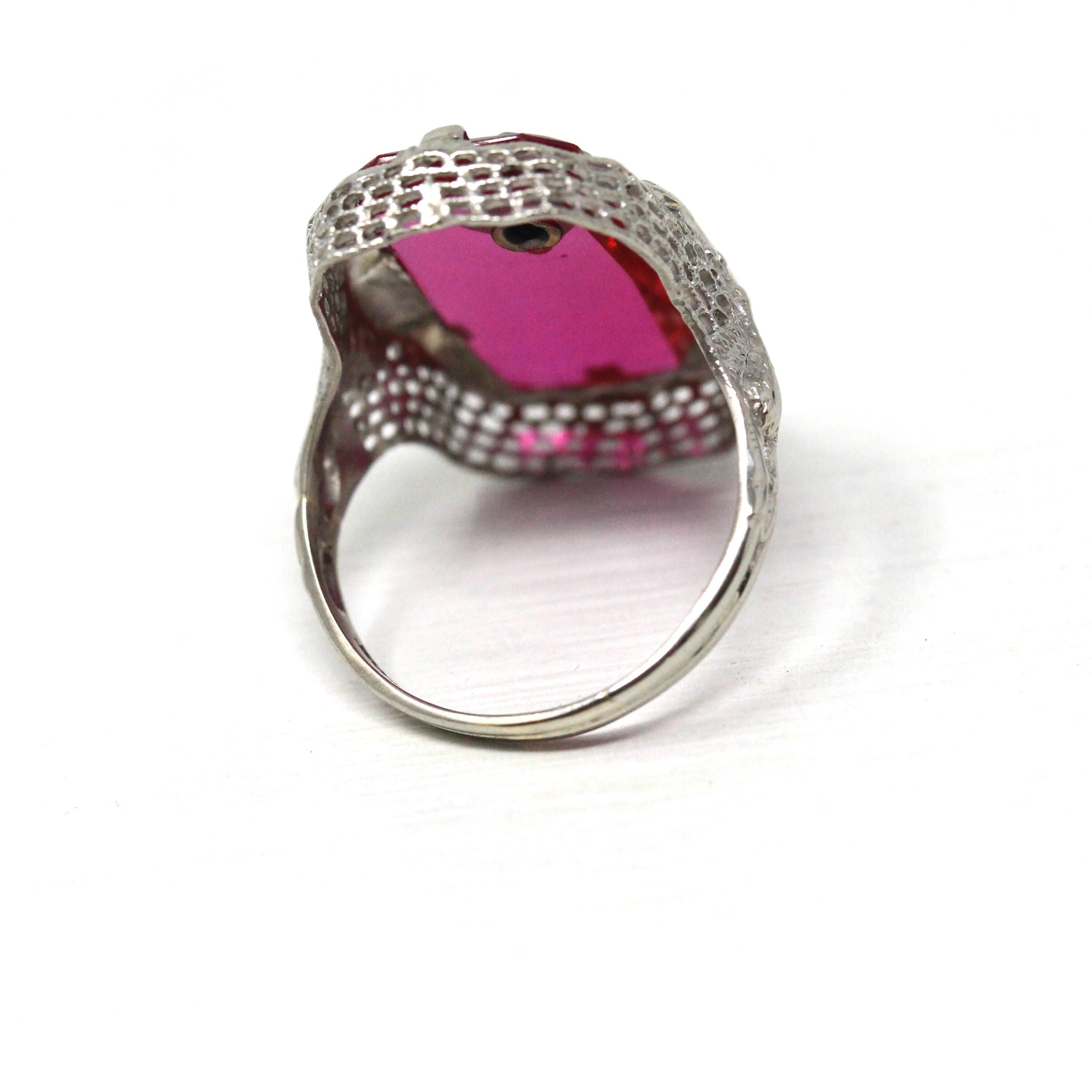 Created Ruby Ring - Art Deco 14k White Gold Genuine .05 CT Diamond - Vintage Circa 1930s Era Size 4 1/2 July Birthstone Peacock Fine Jewelry