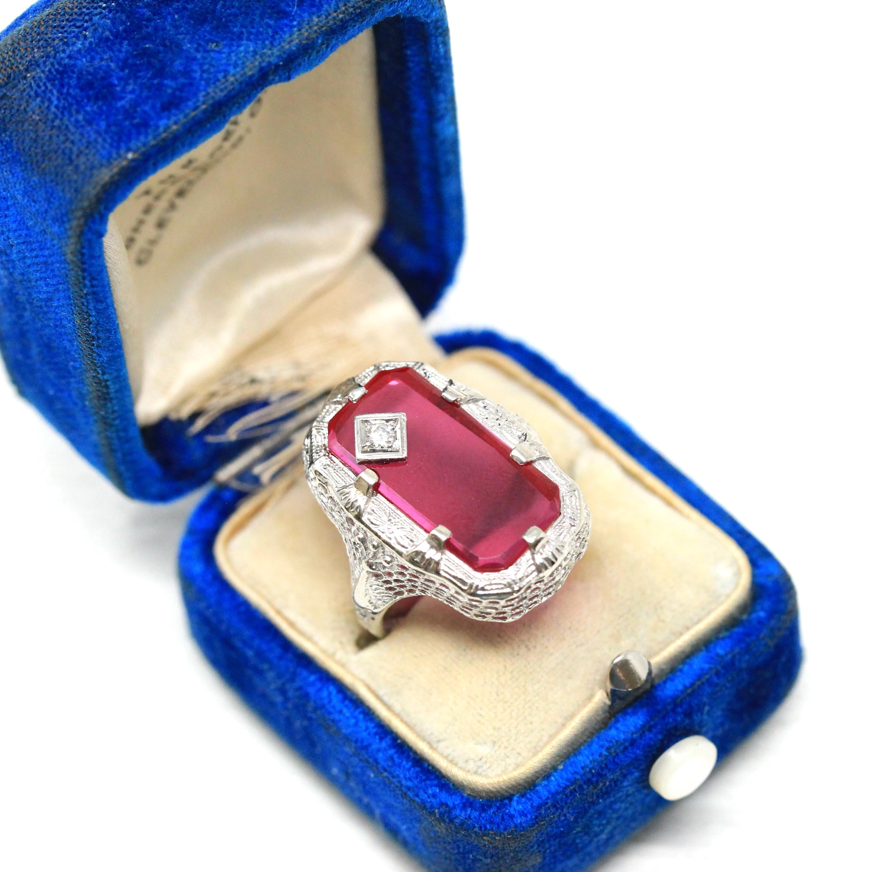 Created Ruby Ring - Art Deco 14k White Gold Genuine .05 CT Diamond - Vintage Circa 1930s Era Size 4 1/2 July Birthstone Peacock Fine Jewelry