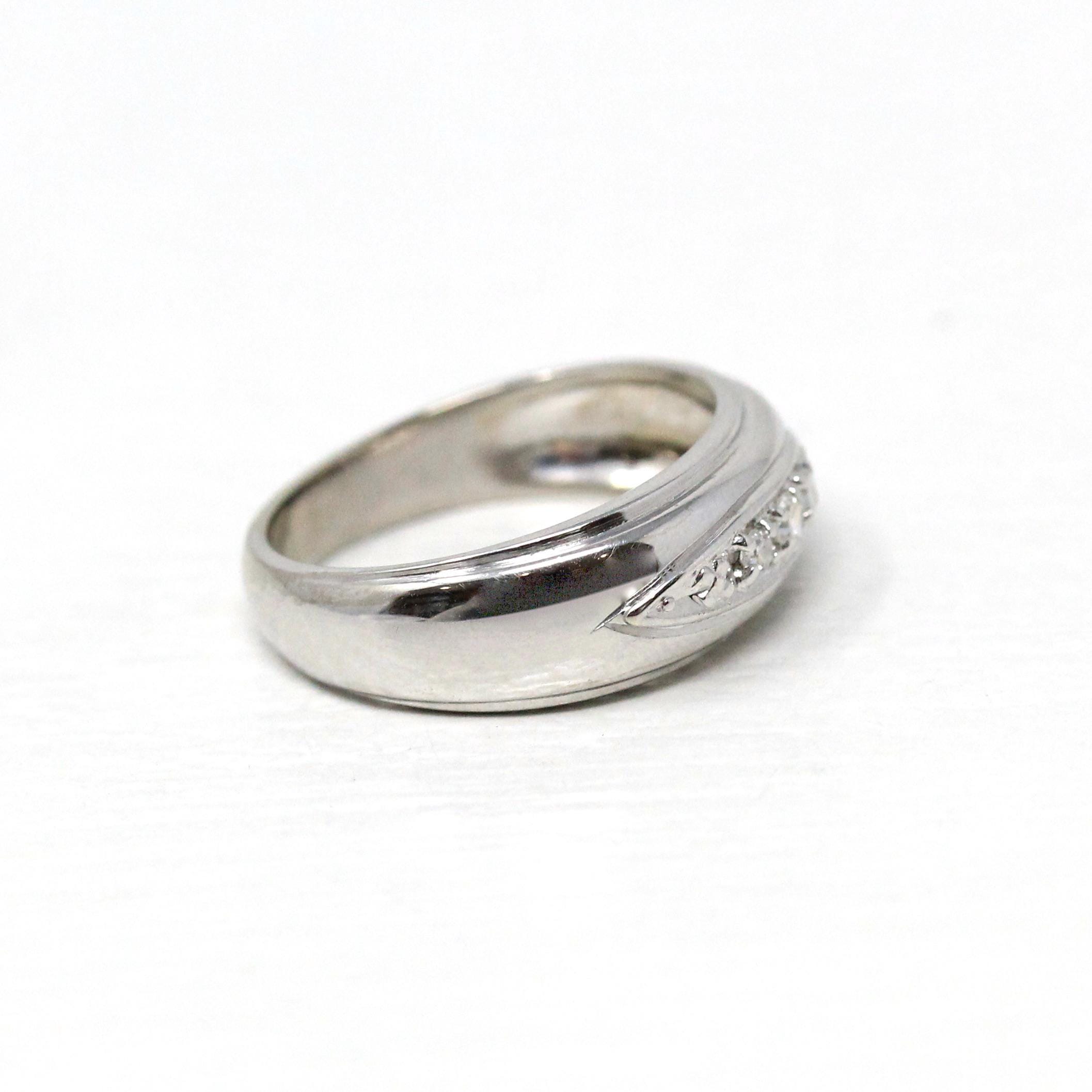 Vintage Wedding Band - Retro 14k White Gold Genuine .08 CTW Diamonds Ring - Circa 1960s Era Size 4 3/4 Tapered Fine Unisex Bridal Jewelry