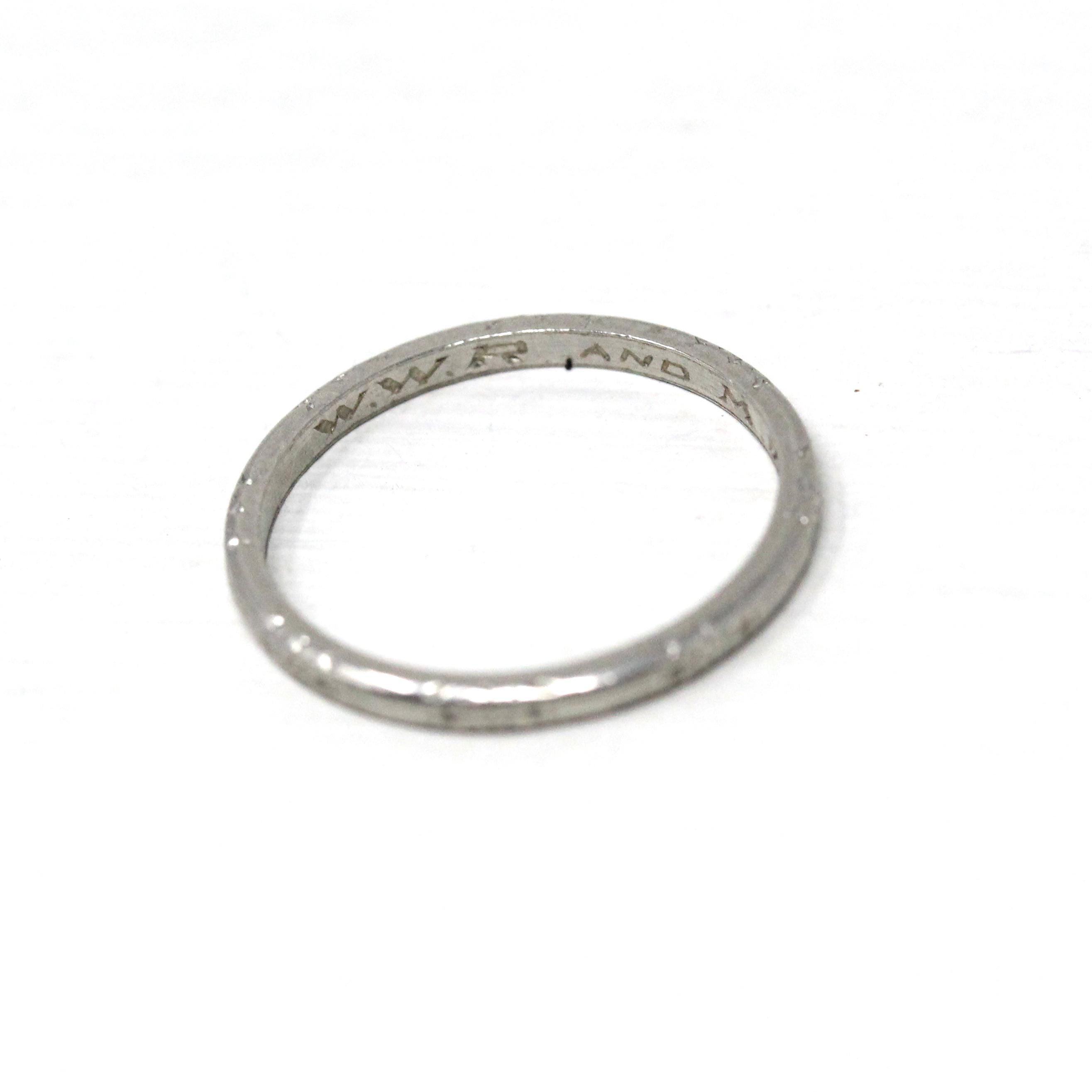 Art Deco Wedding Band - Antique Platinum Engraved Flower Eternity Designs Ring - Vintage 1920s Size 4 1/2 WWR and MC Initials Fine Jewelry