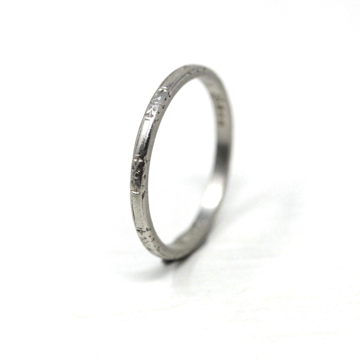 Art Deco Wedding Band - Antique Platinum Engraved Flower Eternity Designs Ring - Vintage 1920s Size 4 1/2 WWR and MC Initials Fine Jewelry