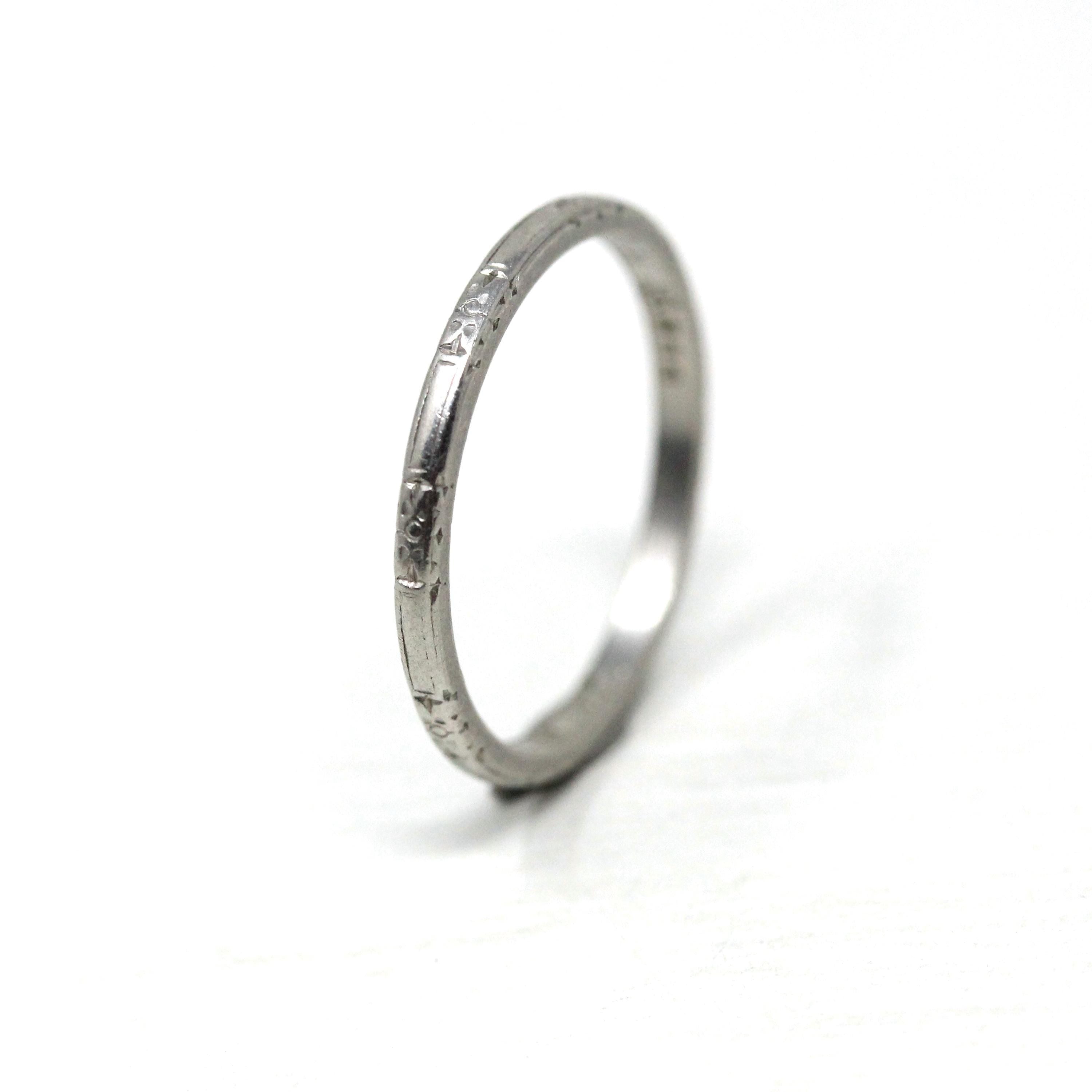 Art Deco Wedding Band - Antique Platinum Engraved Flower Eternity Designs Ring - Vintage 1920s Size 4 1/2 WWR and MC Initials Fine Jewelry