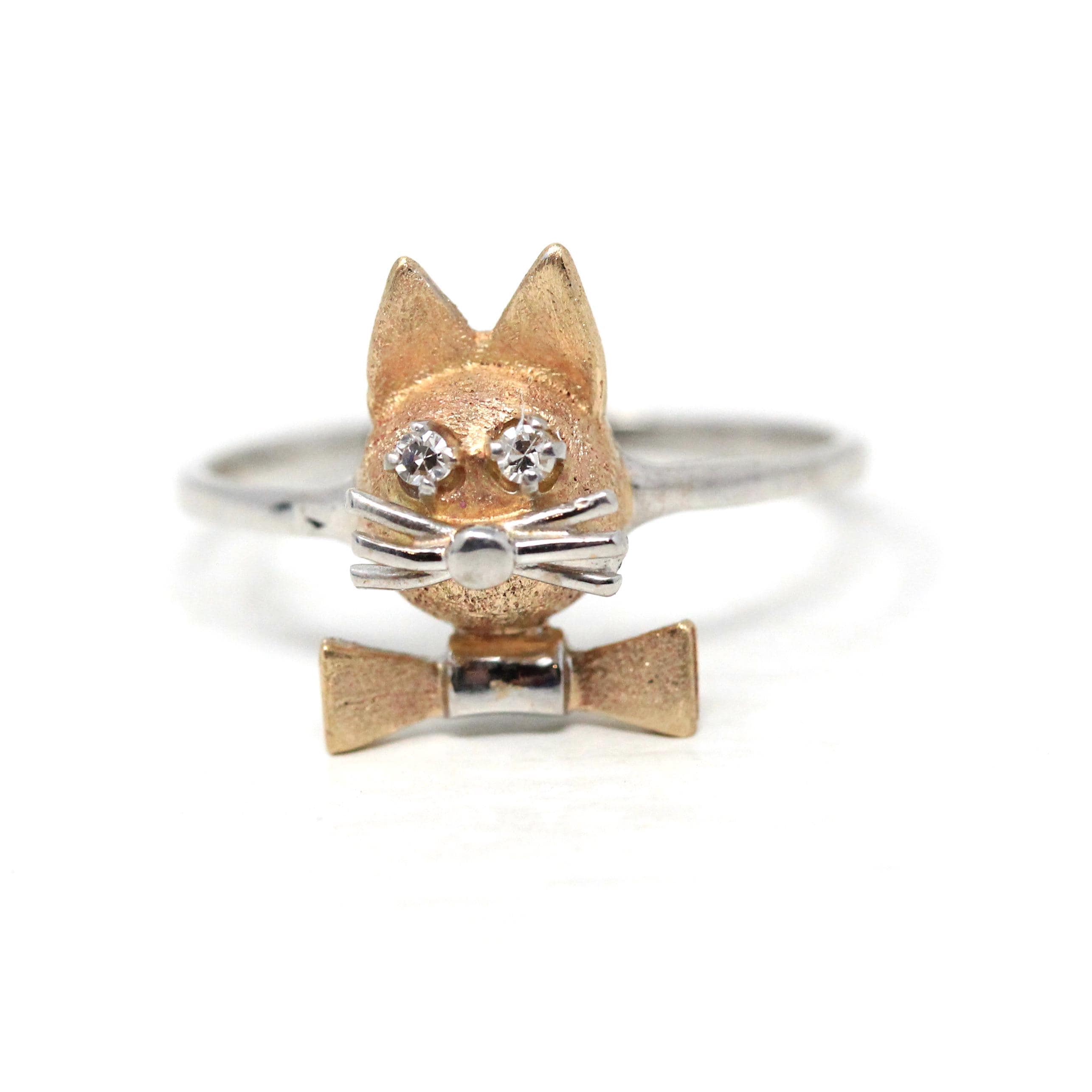 Vintage Cat Ring - Retro 14k Yellow & White Gold Feline Conversion Dainty Band - Circa 1960s Era Size 7 Animal Two Tone Diamond Fine Jewelry