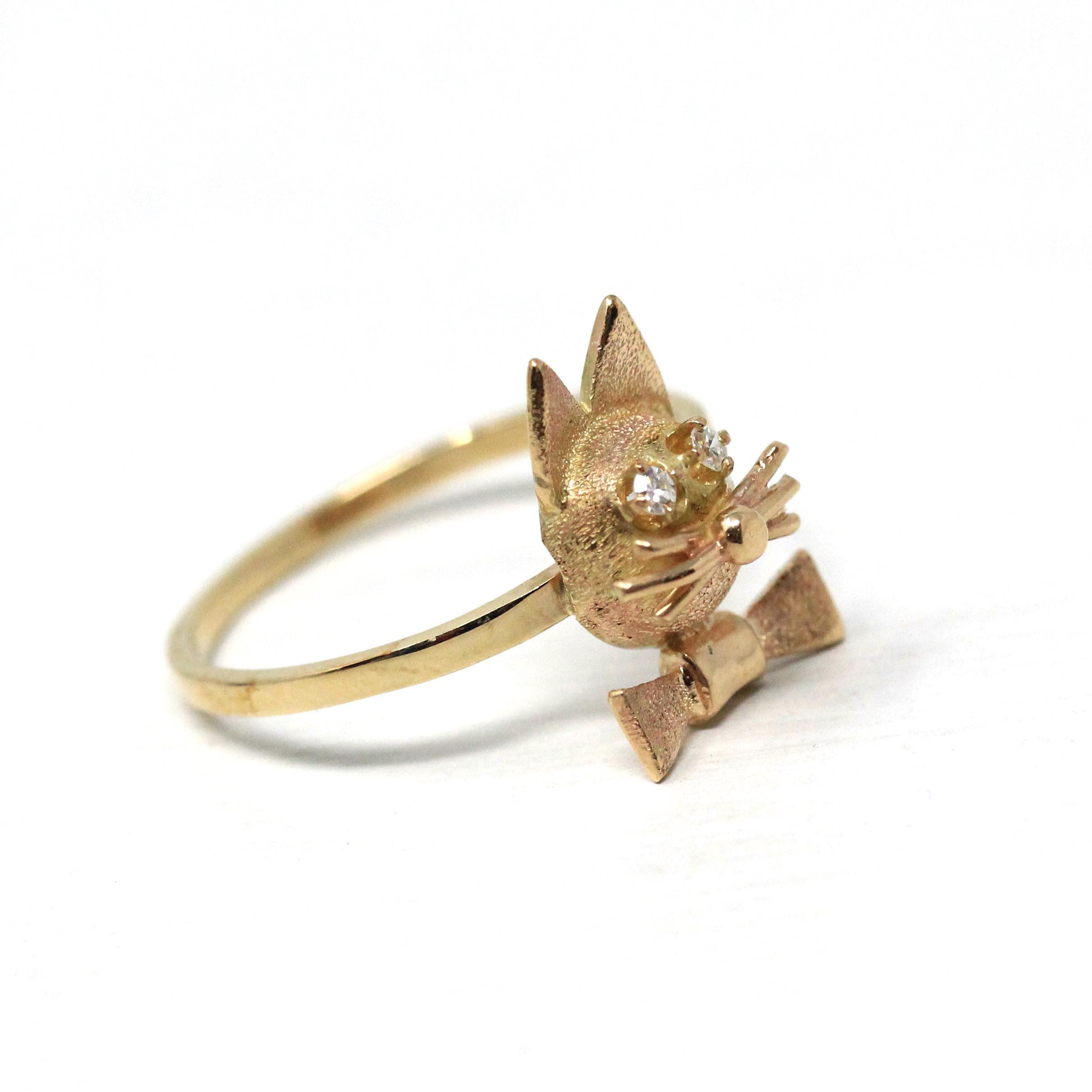Vintage Cat Ring - Retro 14k Yellow Gold Feline Conversion Dainty Band - Circa 1960s Era Size 6 3/4 Animal Statement Diamond Fine Jewelry