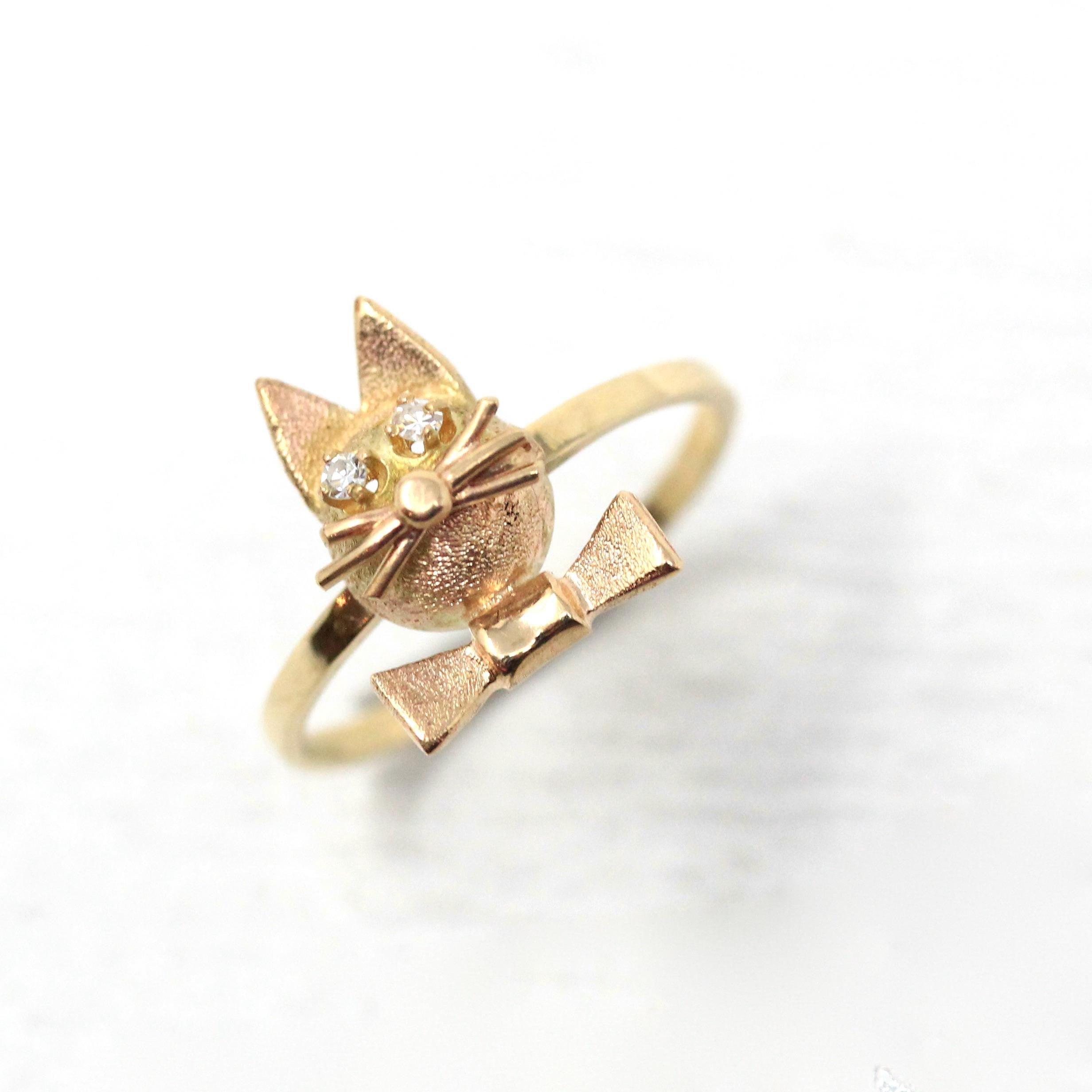 Vintage Cat Ring - Retro 14k Yellow Gold Feline Conversion Dainty Band - Circa 1960s Era Size 6 3/4 Animal Statement Diamond Fine Jewelry