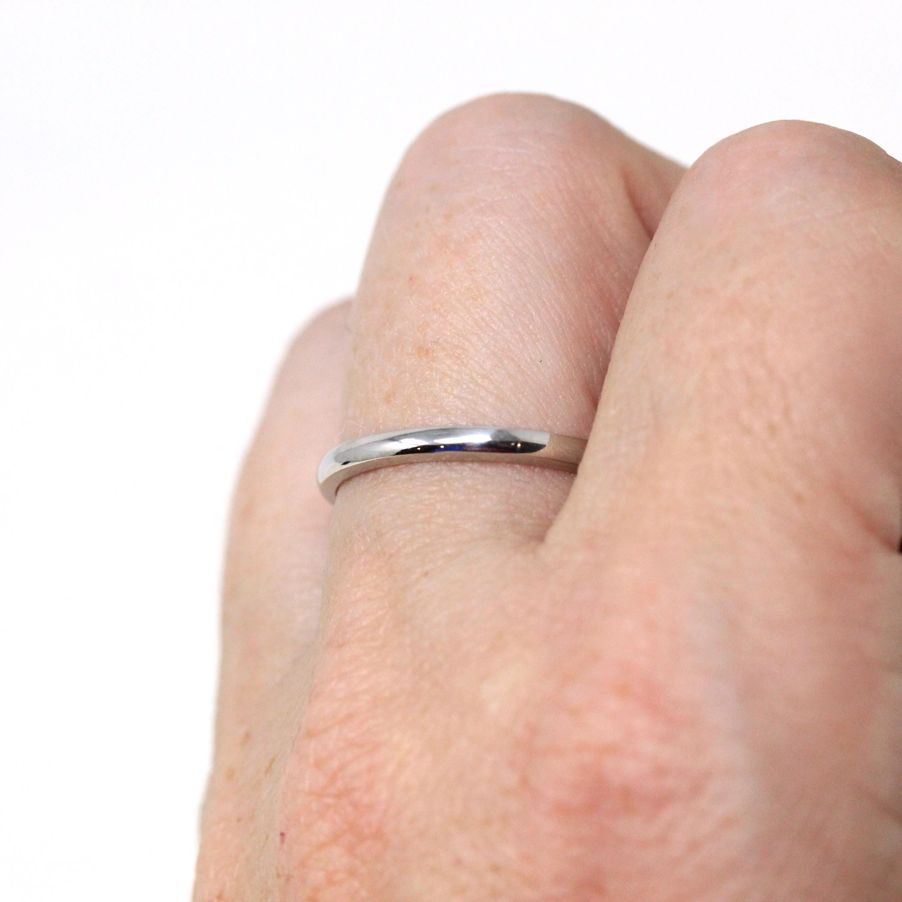 Vintage Wedding Band - Mid Century 14k White Gold Plain Stacking Ring - Circa 50s Size 7 1/2 Signed Art Carved JR Wood Bridal Fine Jewelry