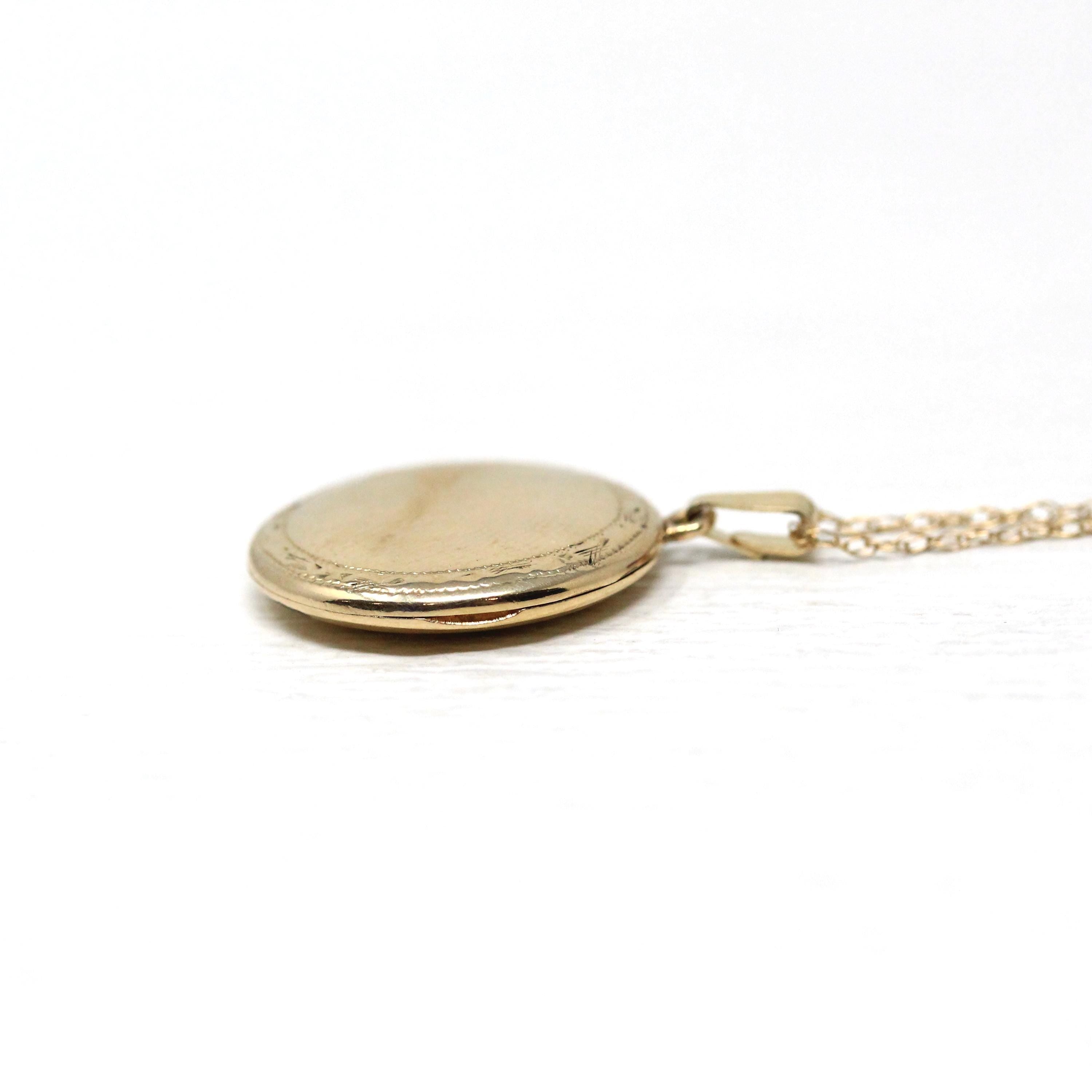 Vintage Round Locket - Retro 10k Yellow Gold Floral Pendant Charm - Circa 1940s Era Engraved Keepsake Original Photographs Fine 40s Jewelry