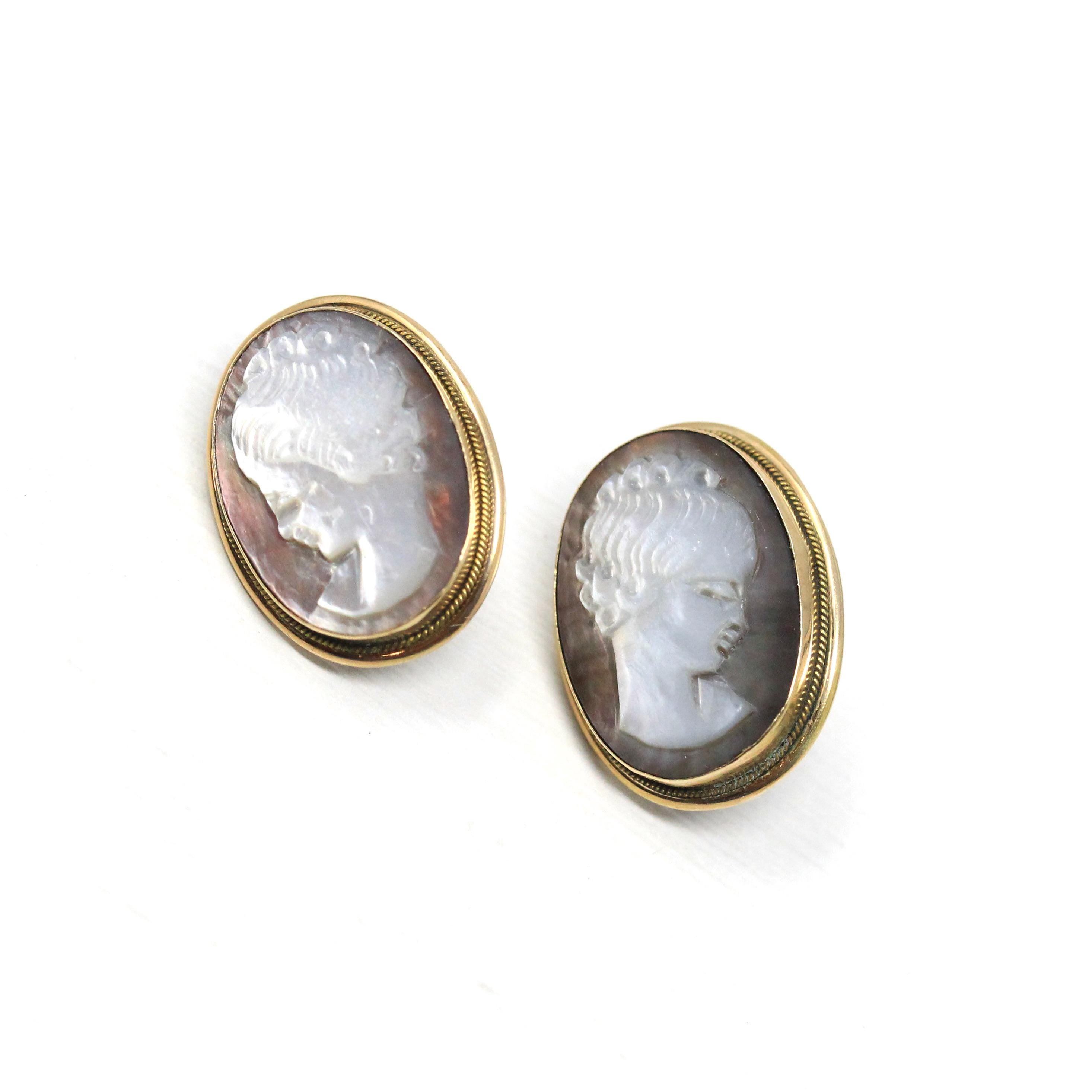 Vintage Cameo Earrings - Retro Era 14k Yellow Gold Carved Gray Mother Of Pearl - Circa 1980s Italian Bezel Set Ladies Portrait Post Earrings