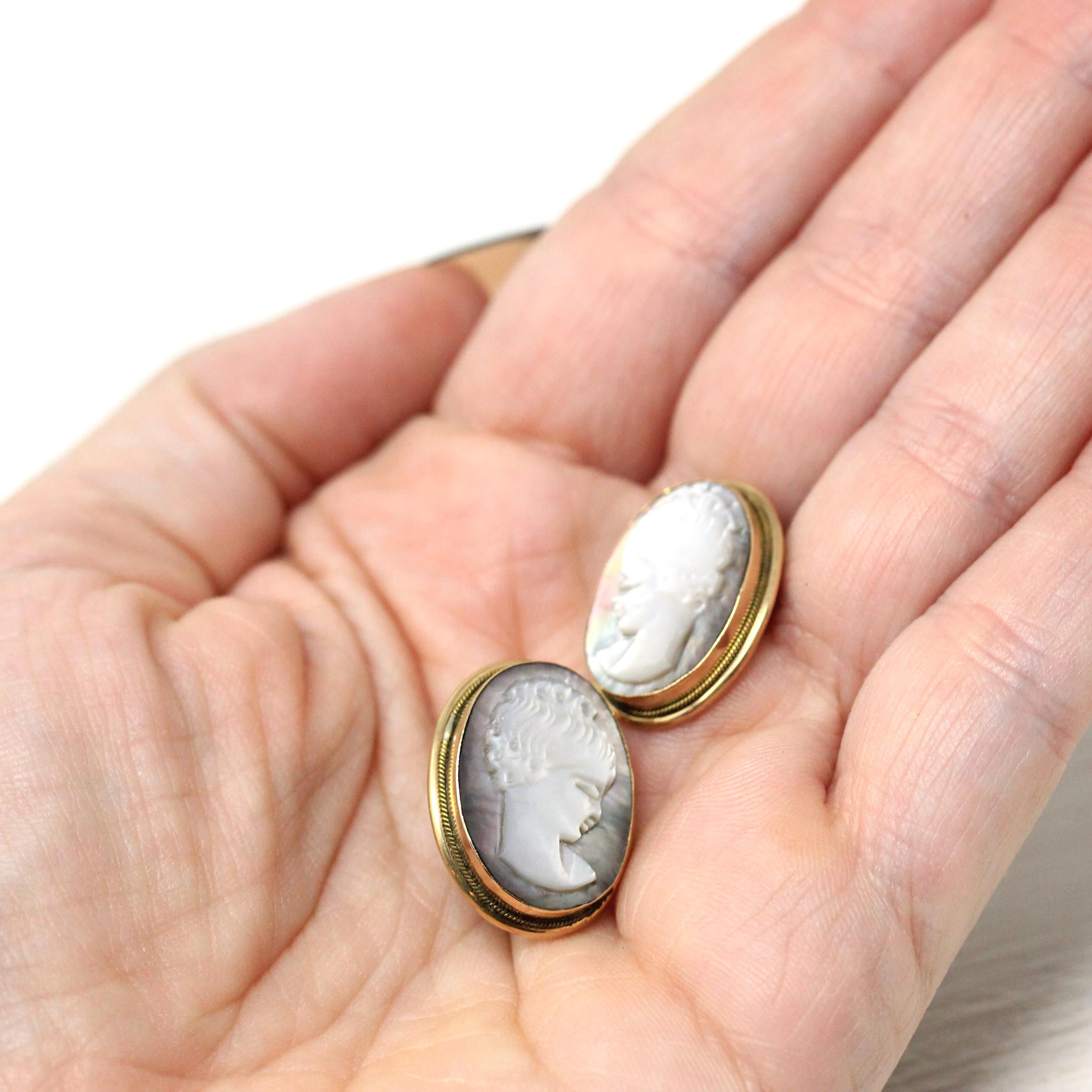 Vintage Cameo Earrings - Retro Era 14k Yellow Gold Carved Gray Mother Of Pearl - Circa 1980s Italian Bezel Set Ladies Portrait Post Earrings