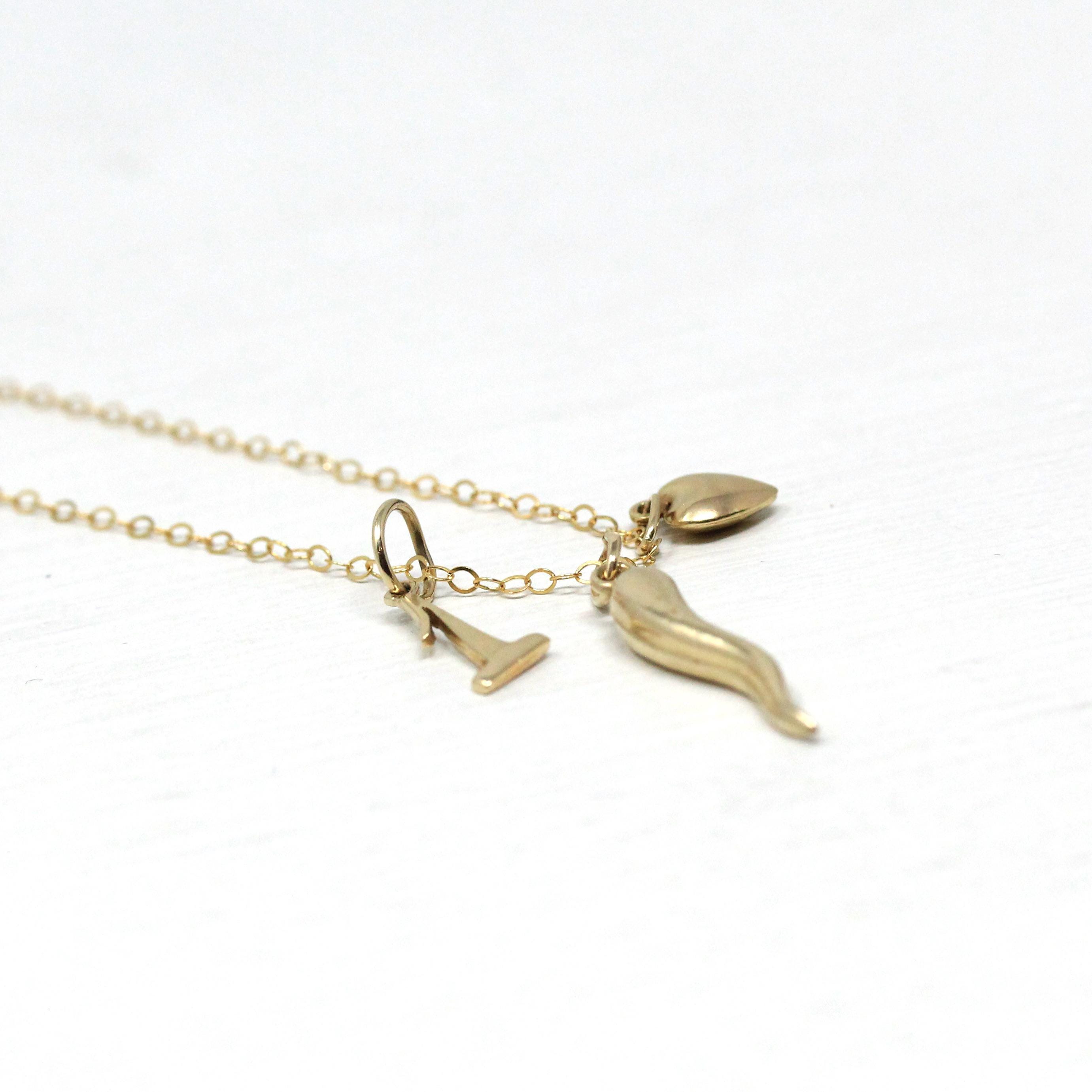 Vintage Charm Necklace - Retro 14k Yellow Gold Cornicello Number 1 Heart Pendants Trio - Circa 1990s Era Personal Fine Italian Horn Jewelry