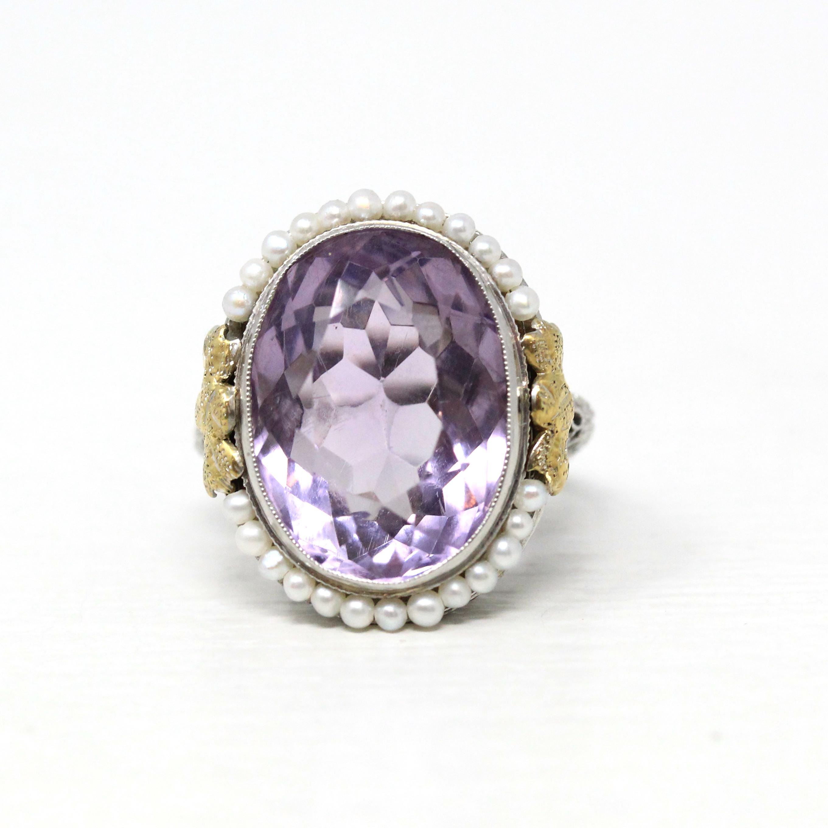Genuine Amethyst Ring - Art Deco 14k White Gold Purple Gemstone Seed Pearl Halo - Vintage Circa 1930s Era Size 6 3/4 Filigree Flower Jewelry