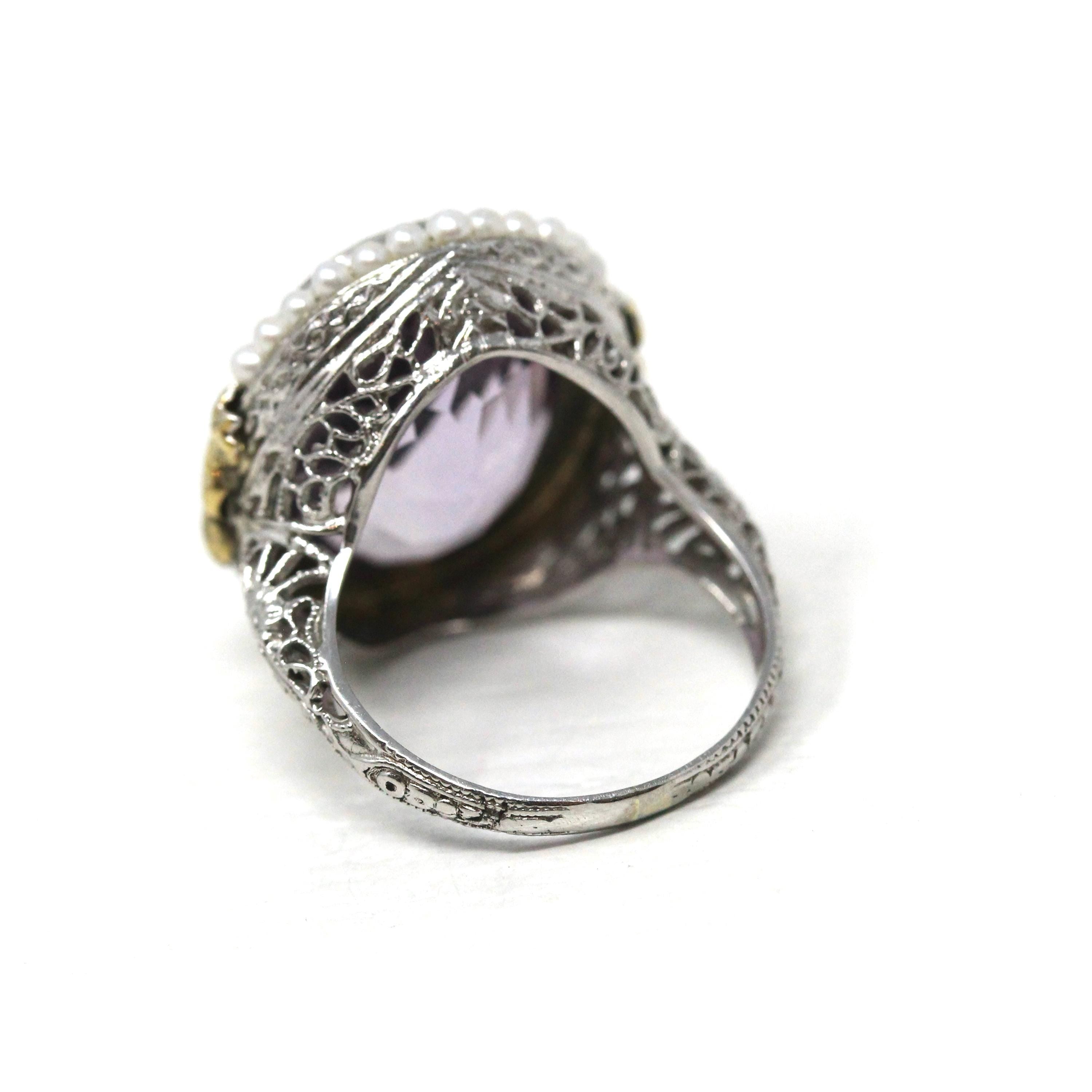 Genuine Amethyst Ring - Art Deco 14k White Gold Purple Gemstone Seed Pearl Halo - Vintage Circa 1930s Era Size 6 3/4 Filigree Flower Jewelry