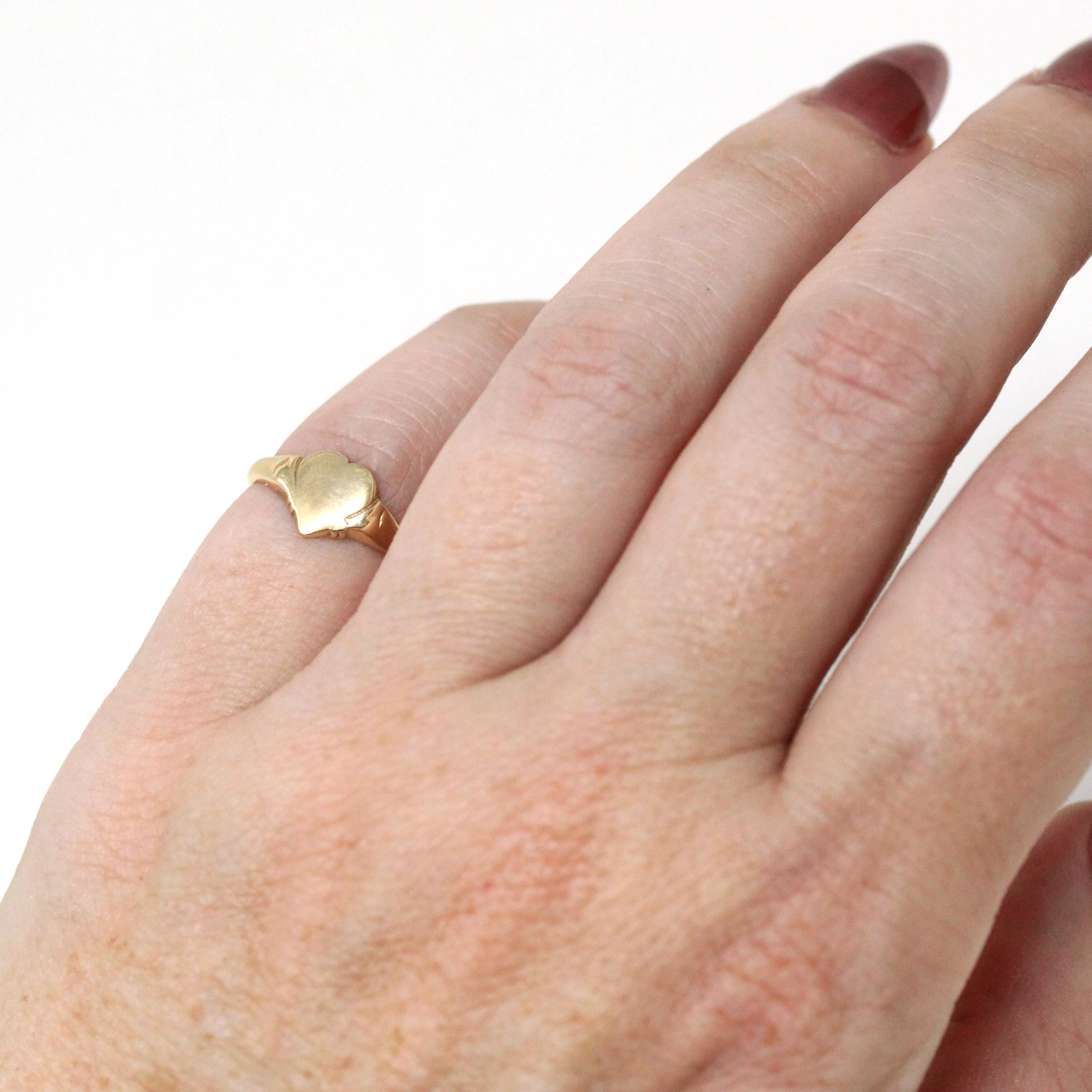 Blank Signet Ring - Retro 10k Yellow Gold Midi Pinky Band Ready To Personalize Engrave - Vintage Circa 1940s Era Size 2 1/2 Heart Jewelry