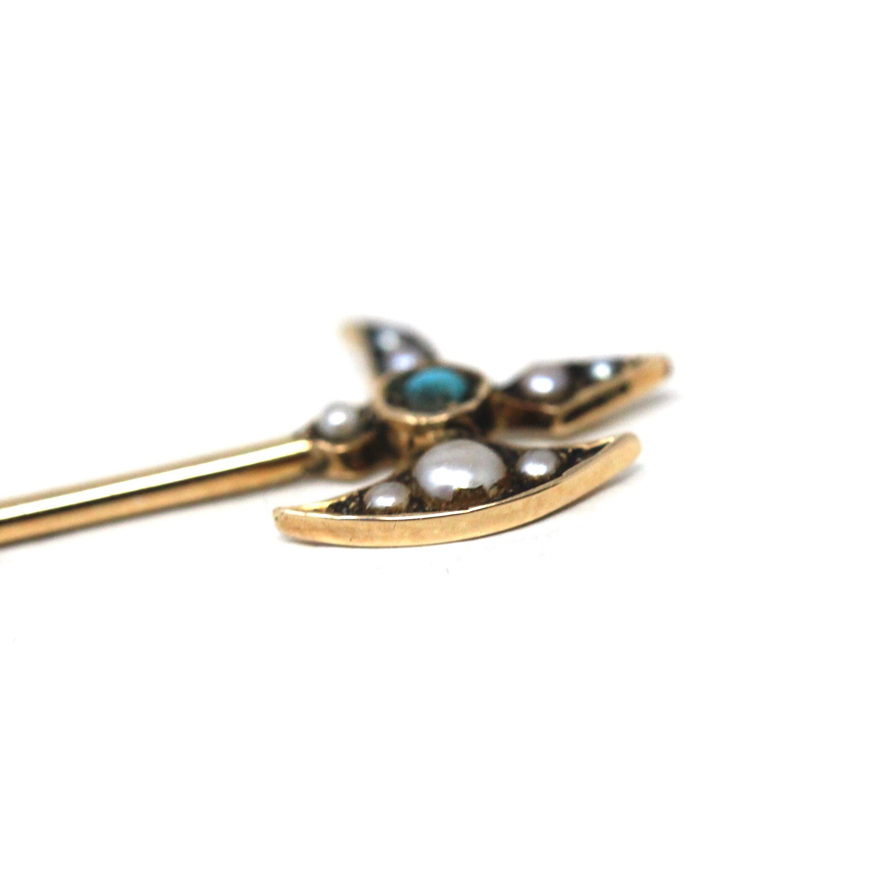 Antique Axe Stick Pin - Edwardian 14k Yellow Gold Turquoise & Seed Pearls - Vintage Early 1900s Men's Unisex Accessory Hat Tie Fine Jewelry