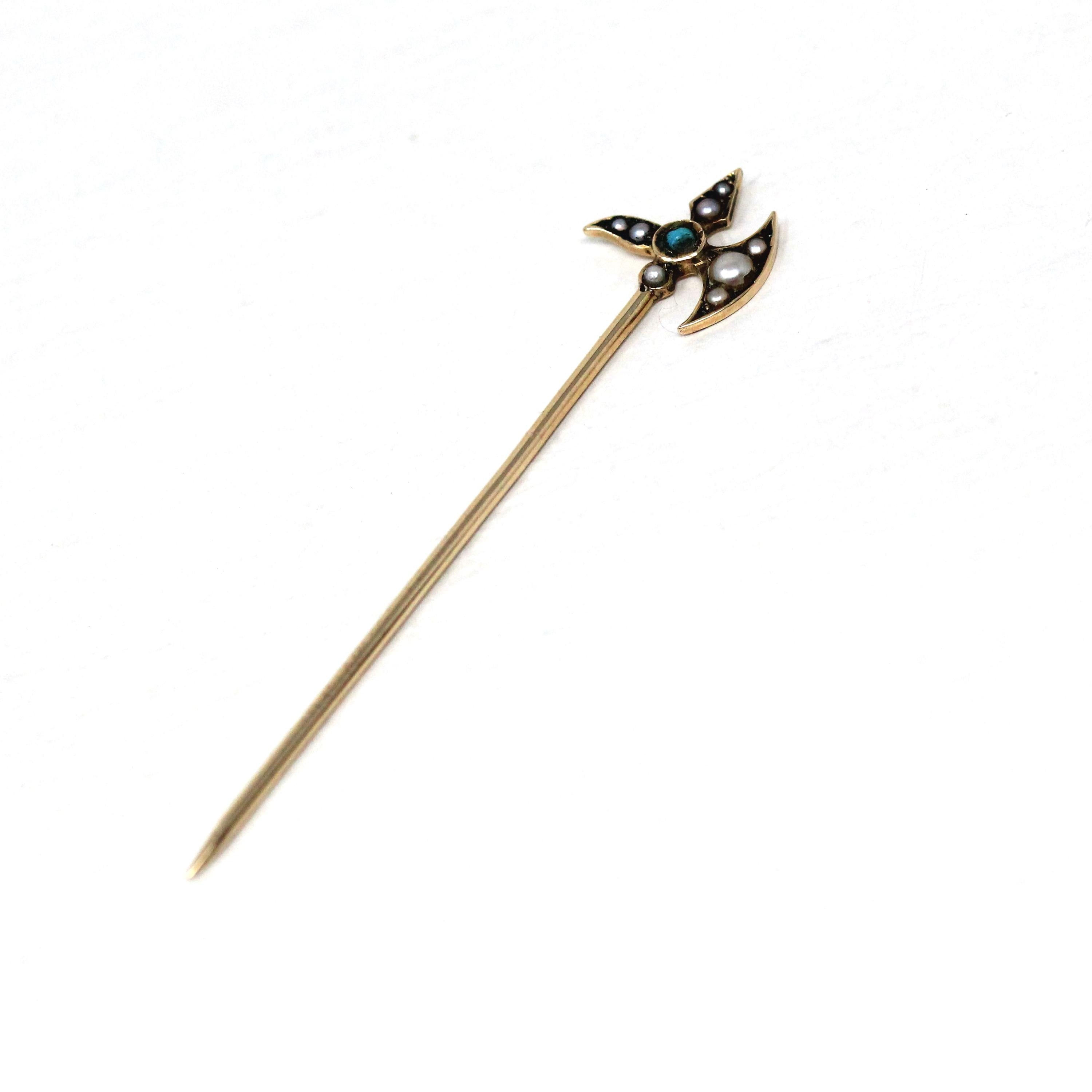 Antique Axe Stick Pin - Edwardian 14k Yellow Gold Turquoise & Seed Pearls - Vintage Early 1900s Men's Unisex Accessory Hat Tie Fine Jewelry
