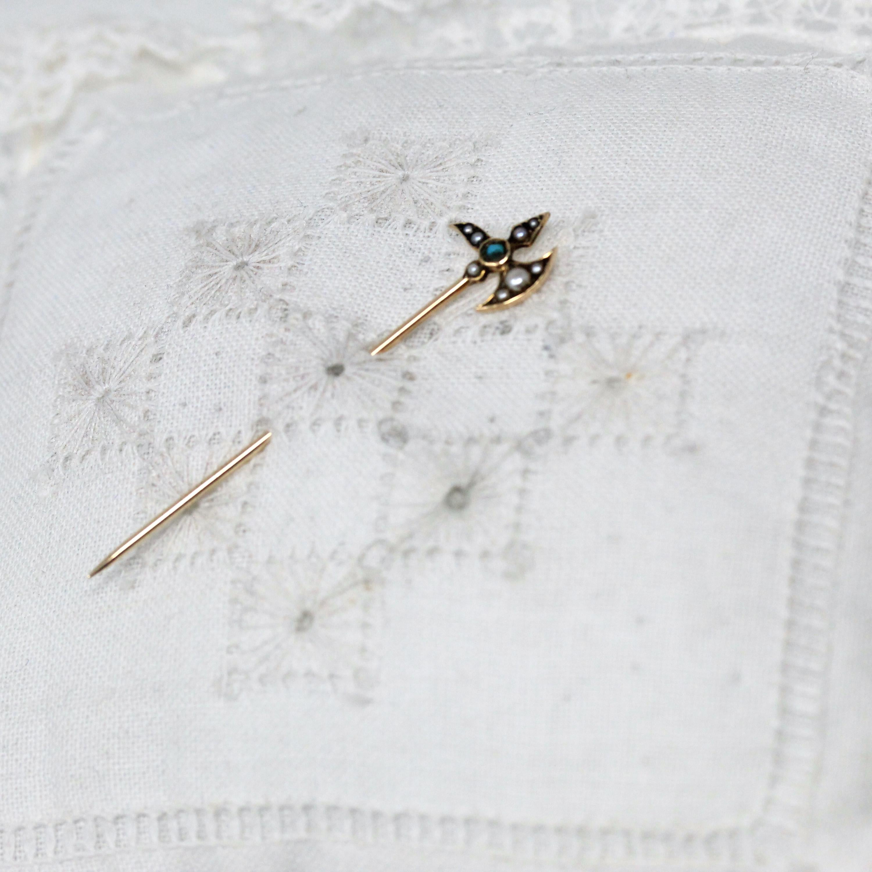 Antique Axe Stick Pin - Edwardian 14k Yellow Gold Turquoise & Seed Pearls - Vintage Early 1900s Men's Unisex Accessory Hat Tie Fine Jewelry