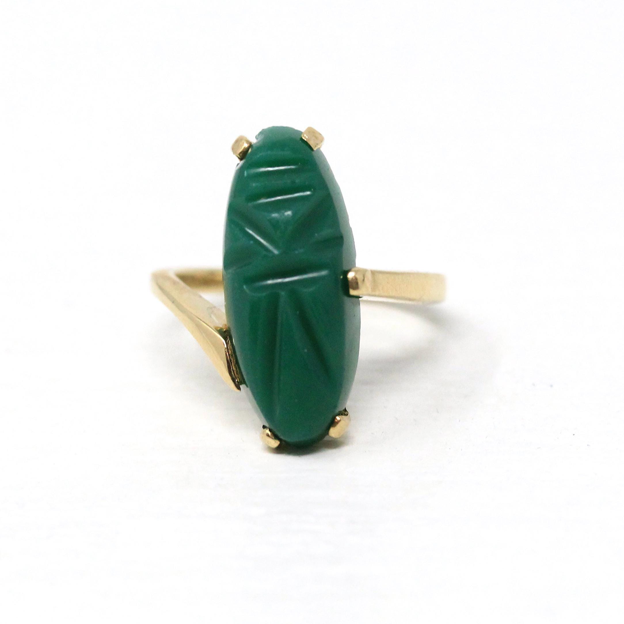 Vintage Scarab Ring - Retro 14k Yellow Gold Oval Carved Green Glass Stone - Circa 1960s Era Size 4 Egyptian Revival Style Fine 60s Jewelry