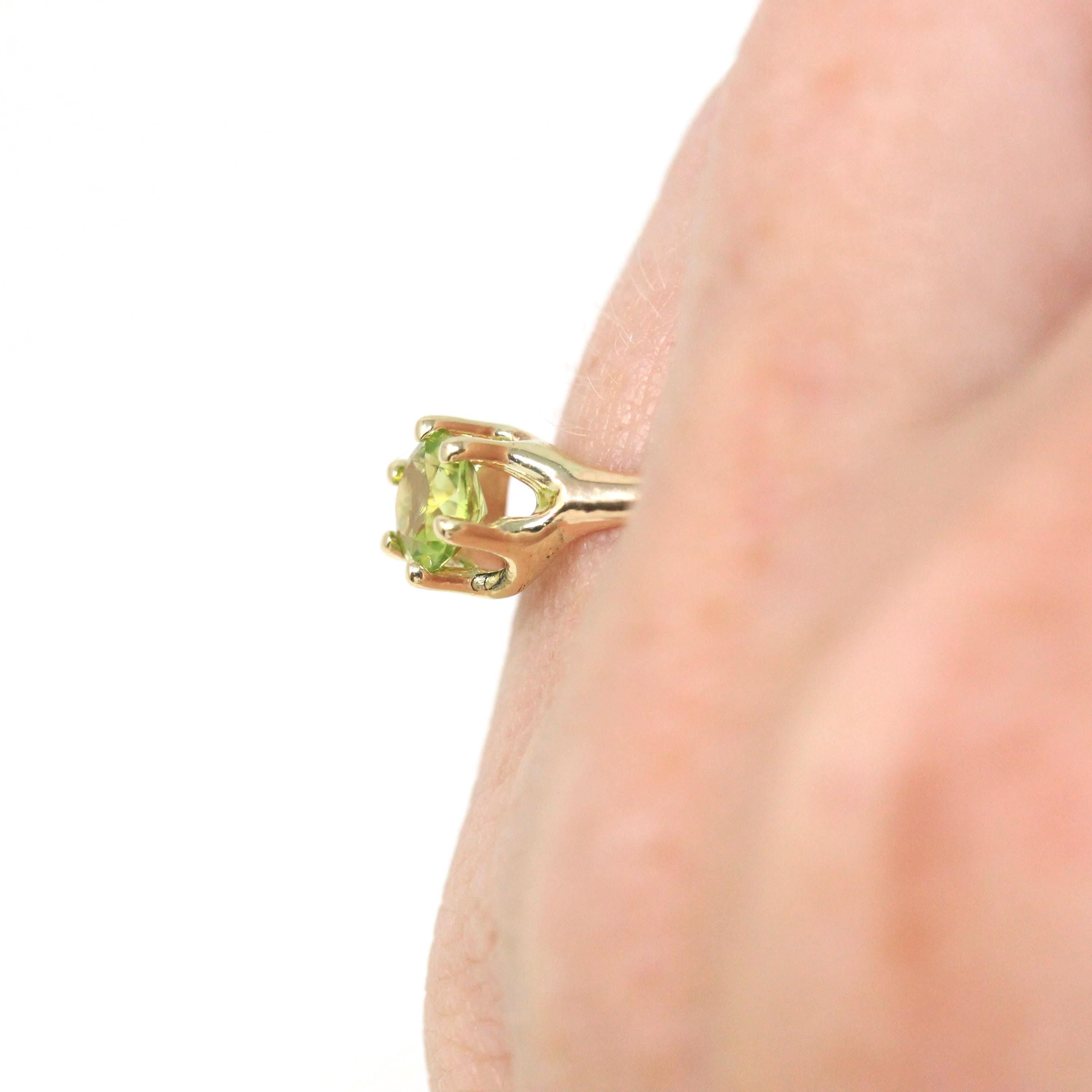 Peridot Solitaire Ring - Retro 10k Yellow Gold Genuine Green Gemstone - Vintage Circa 1940s Era Size 3 3/4 Fine August Birthstone Jewelry