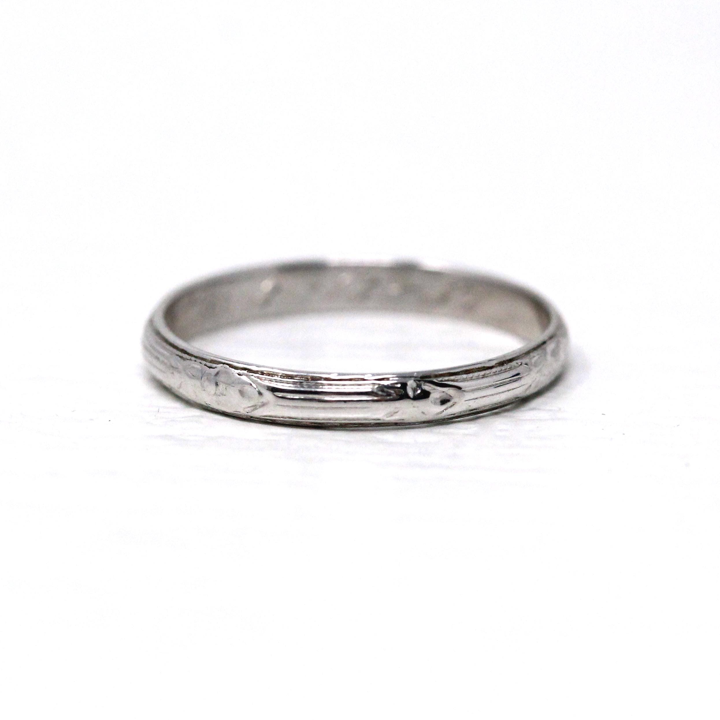 Art Deco Wedding Band - Vintage 18k White Gold Orange Blossom Eternity Ring - Circa 1930s Era Size 5 Bridal Stacking Fine 30s Floral Jewelry