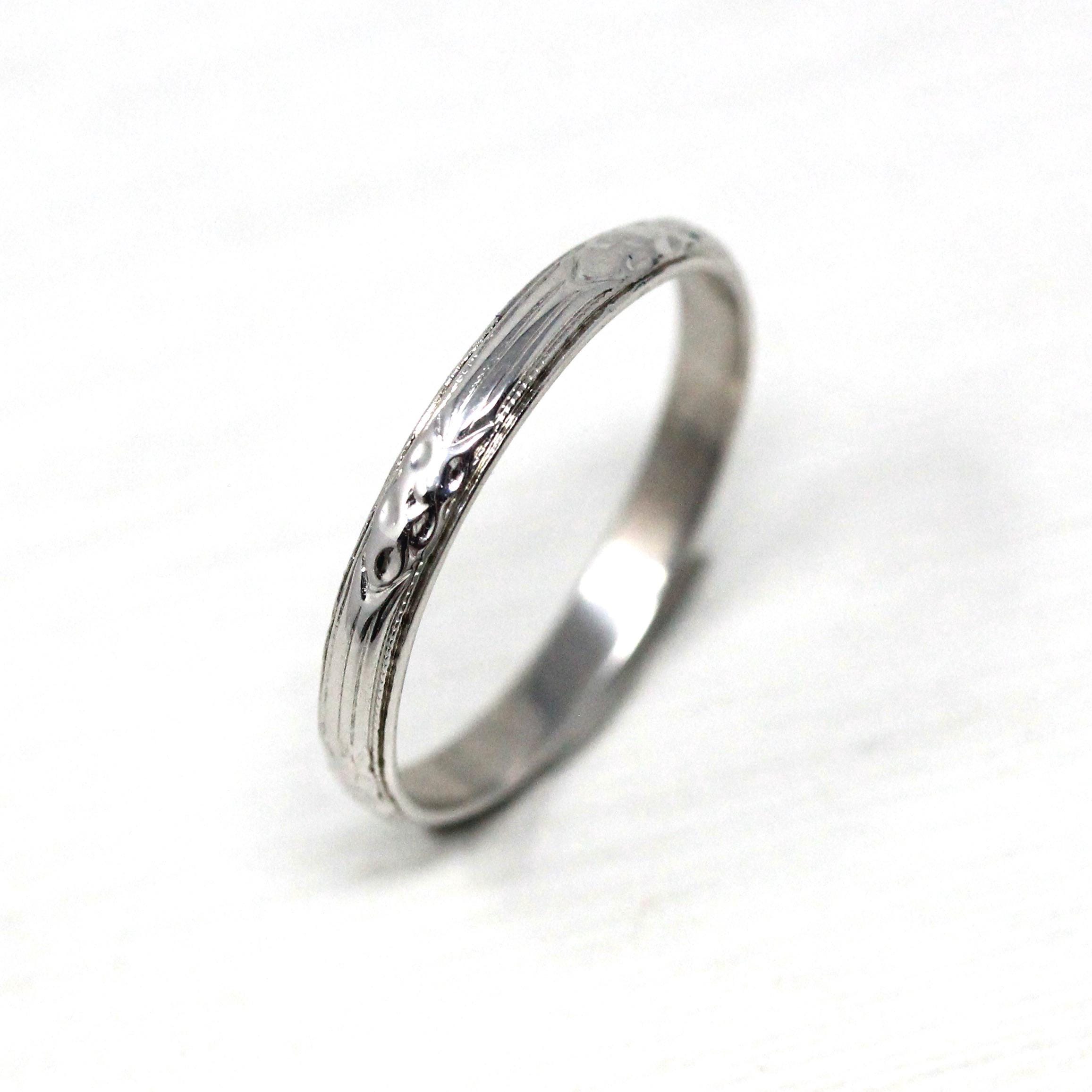 Art Deco Wedding Band - Vintage 18k White Gold Orange Blossom Eternity Ring - Circa 1930s Era Size 5 Bridal Stacking Fine 30s Floral Jewelry