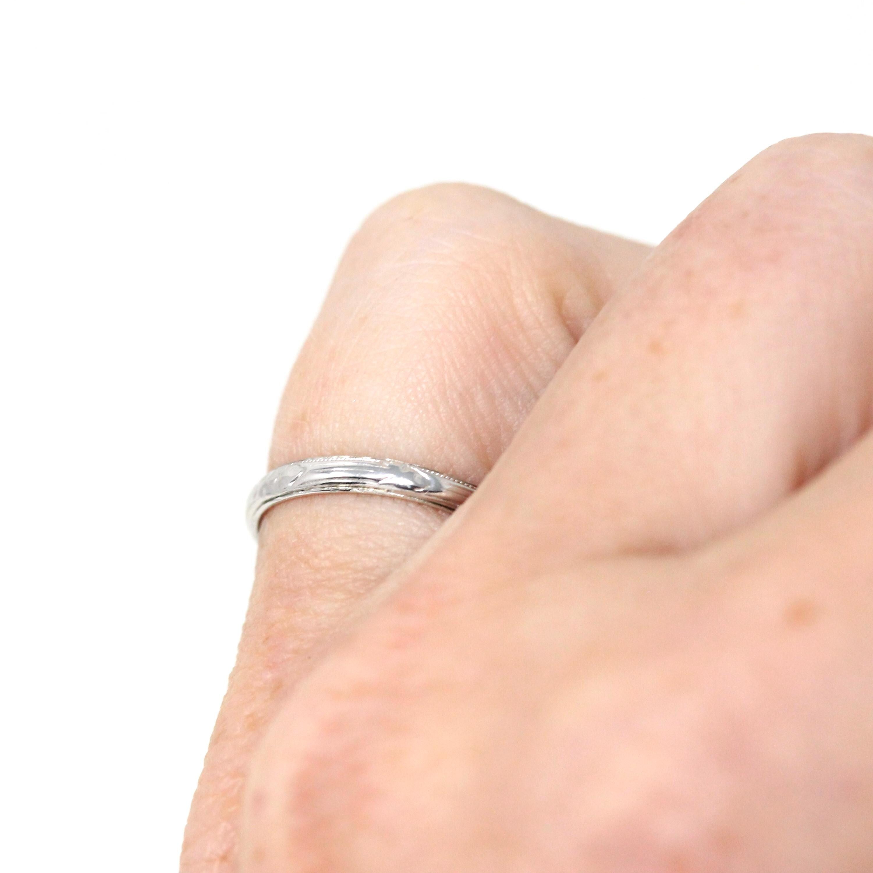 Art Deco Wedding Band - Vintage 18k White Gold Orange Blossom Eternity Ring - Circa 1930s Era Size 5 Bridal Stacking Fine 30s Floral Jewelry