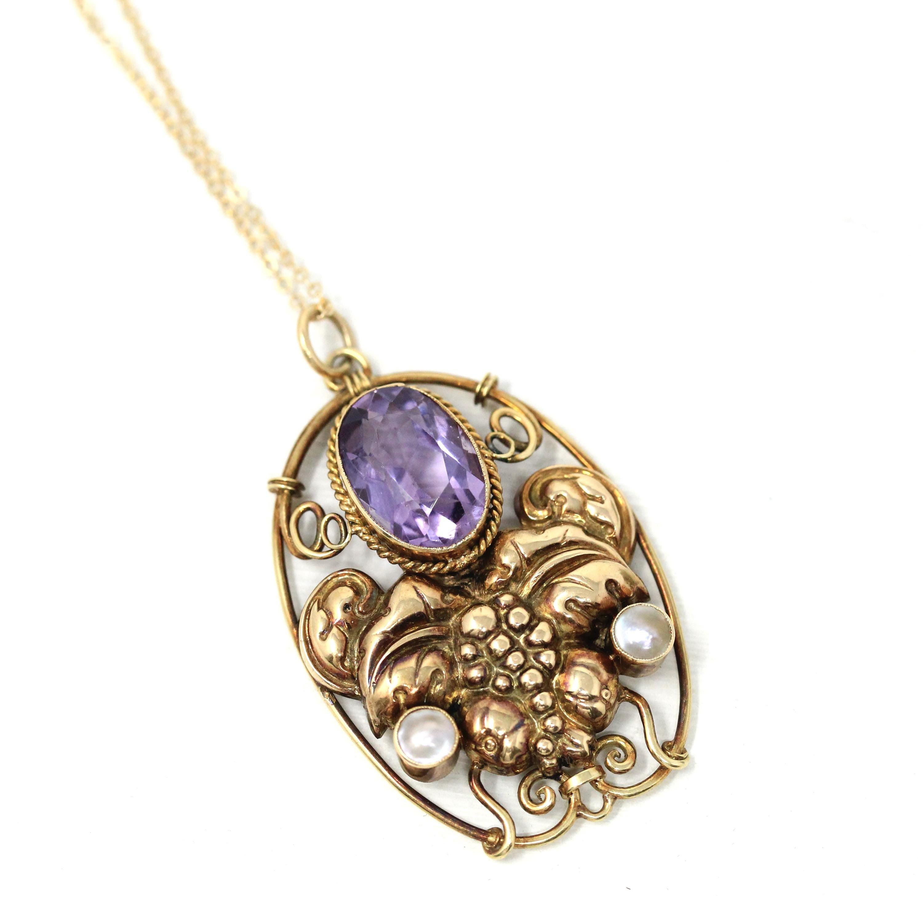 Genuine Amethyst Necklace - Victorian 14k Yellow Gold Cultured Pearls Grape Pendant - Antique Circa 1890s Era Fashion Accessory Fine Jewelry