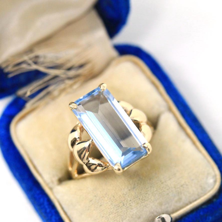 Retro Created Spinel Ring - Vintage 14k Yellow Gold Rectangular Emerald Cut Blue Gemstone - Circa 1960s Era Size 5 1/4 Leaf Fine 60s Jewelry