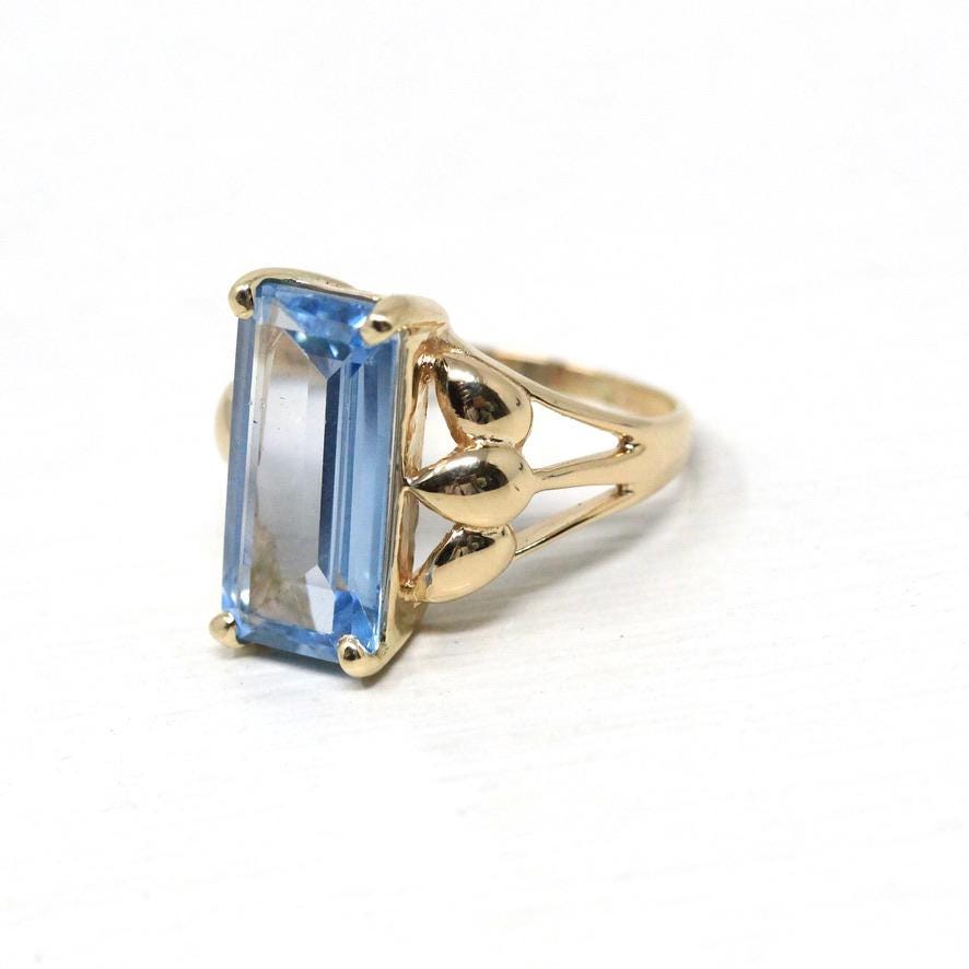 Retro Created Spinel Ring - Vintage 14k Yellow Gold Rectangular Emerald Cut Blue Gemstone - Circa 1960s Era Size 5 1/4 Leaf Fine 60s Jewelry