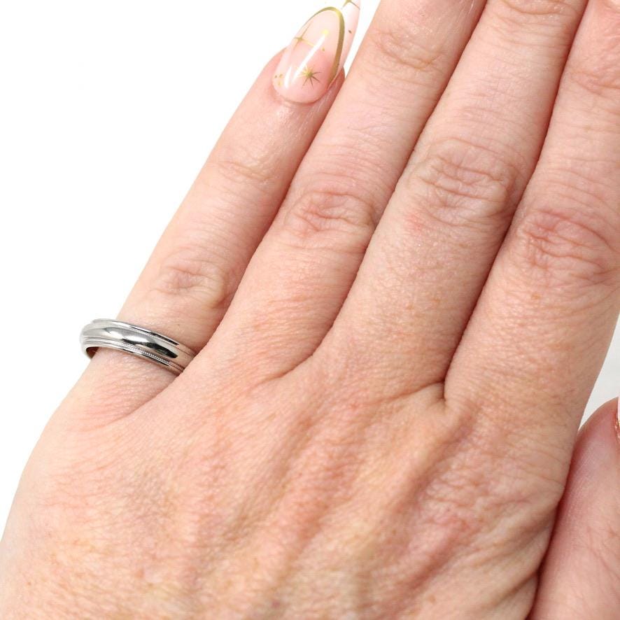 Vintage Wedding Band - Retro 14k White Gold Milgrain Grooved Men's Unisex Ring - Circa 1963 Era Size 4 1/2 Stacking 60s Fine Bridal Jewelry