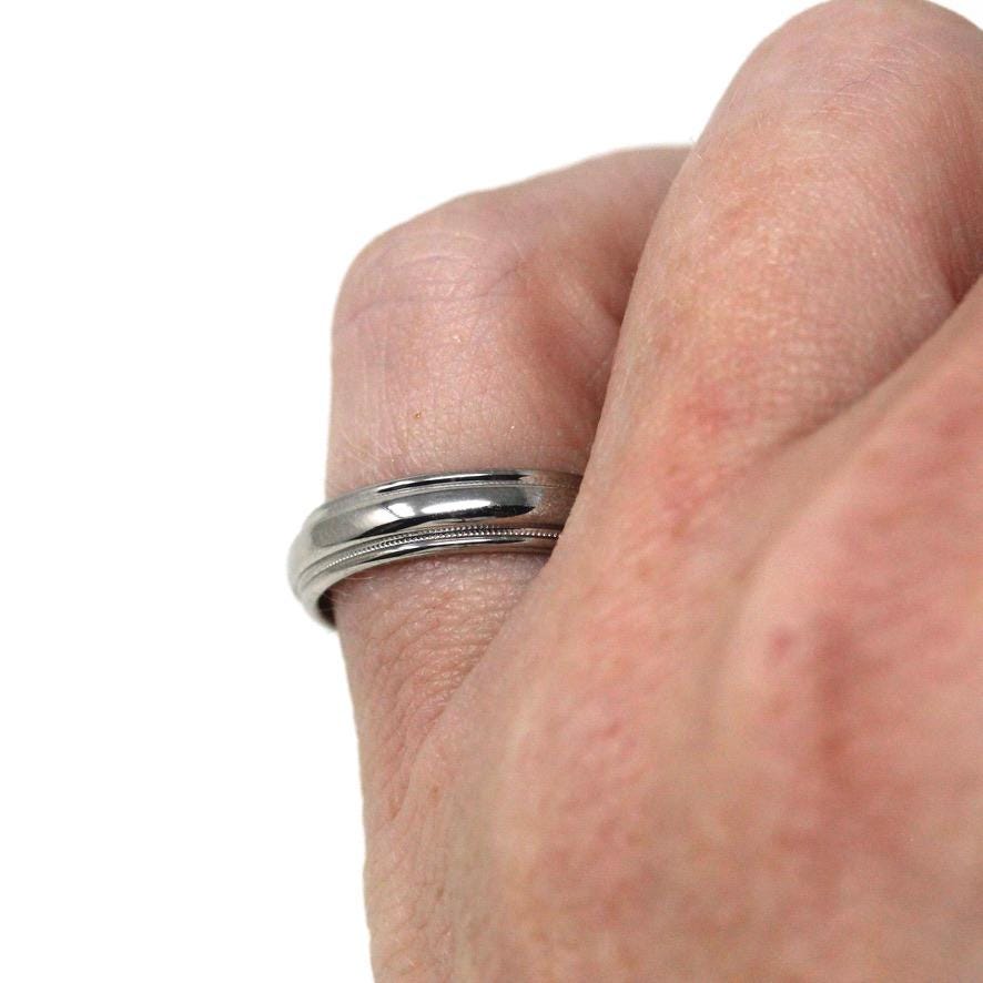 Vintage Wedding Band - Retro 14k White Gold Milgrain Grooved Men's Unisex Ring - Circa 1963 Era Size 4 1/2 Stacking 60s Fine Bridal Jewelry