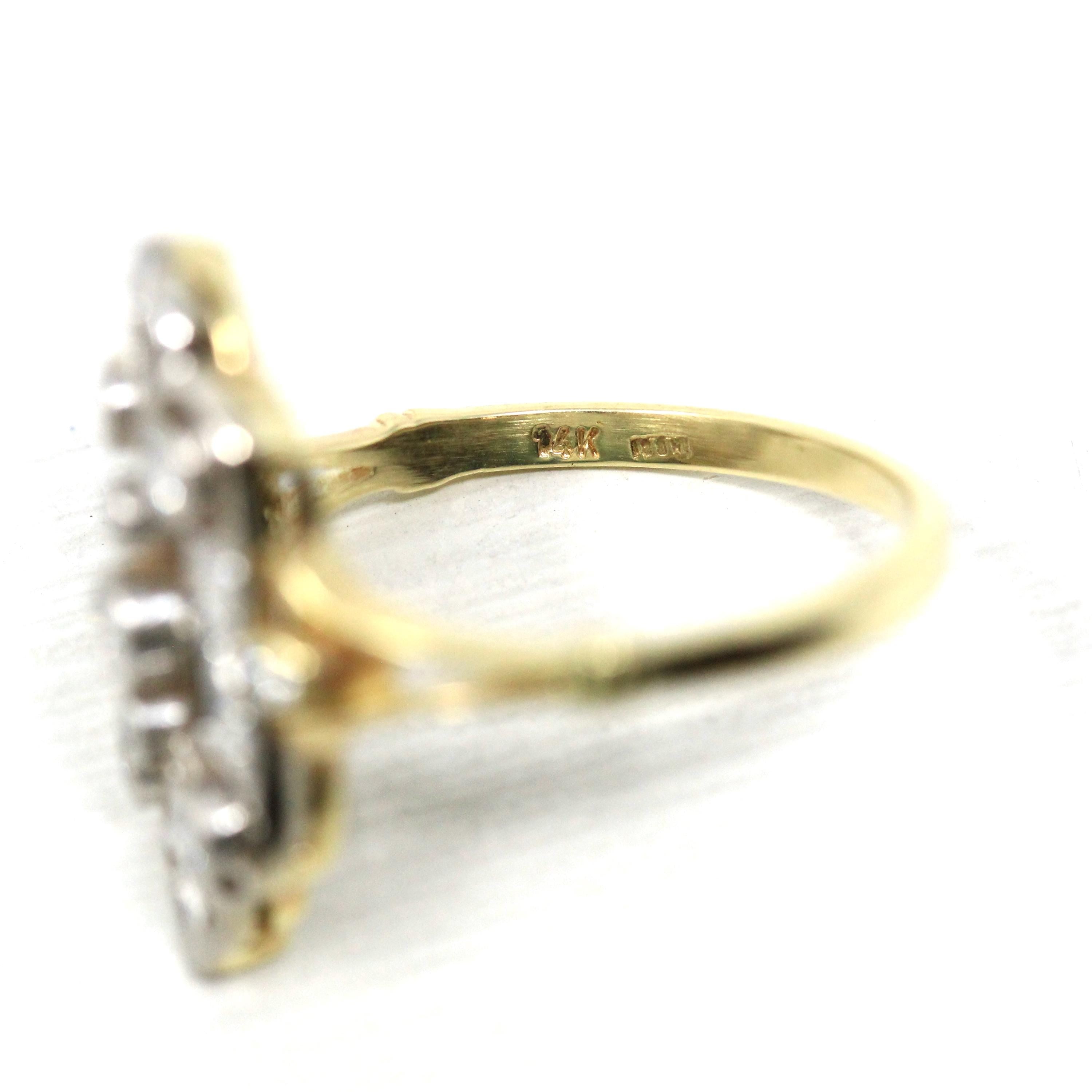 Diamond Shield Ring - Estate 14k Yellow & White Gold Genuine Gemstones Art Nouveau Style - Modern Size 8 Vintage Inspired Two Tone Jewelry