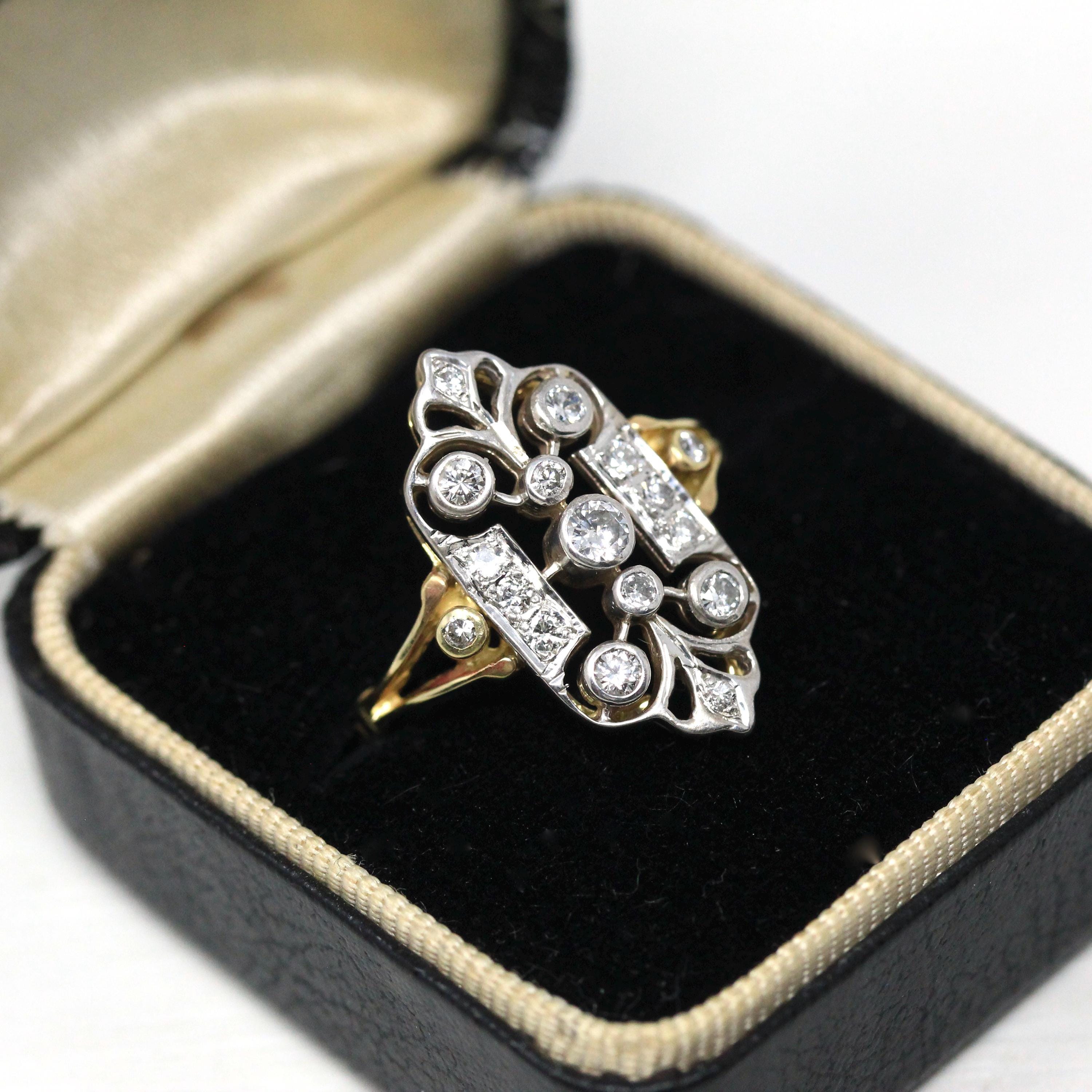 Diamond Shield Ring - Estate 14k Yellow & White Gold Genuine Gemstones Art Nouveau Style - Modern Size 8 Vintage Inspired Two Tone Jewelry