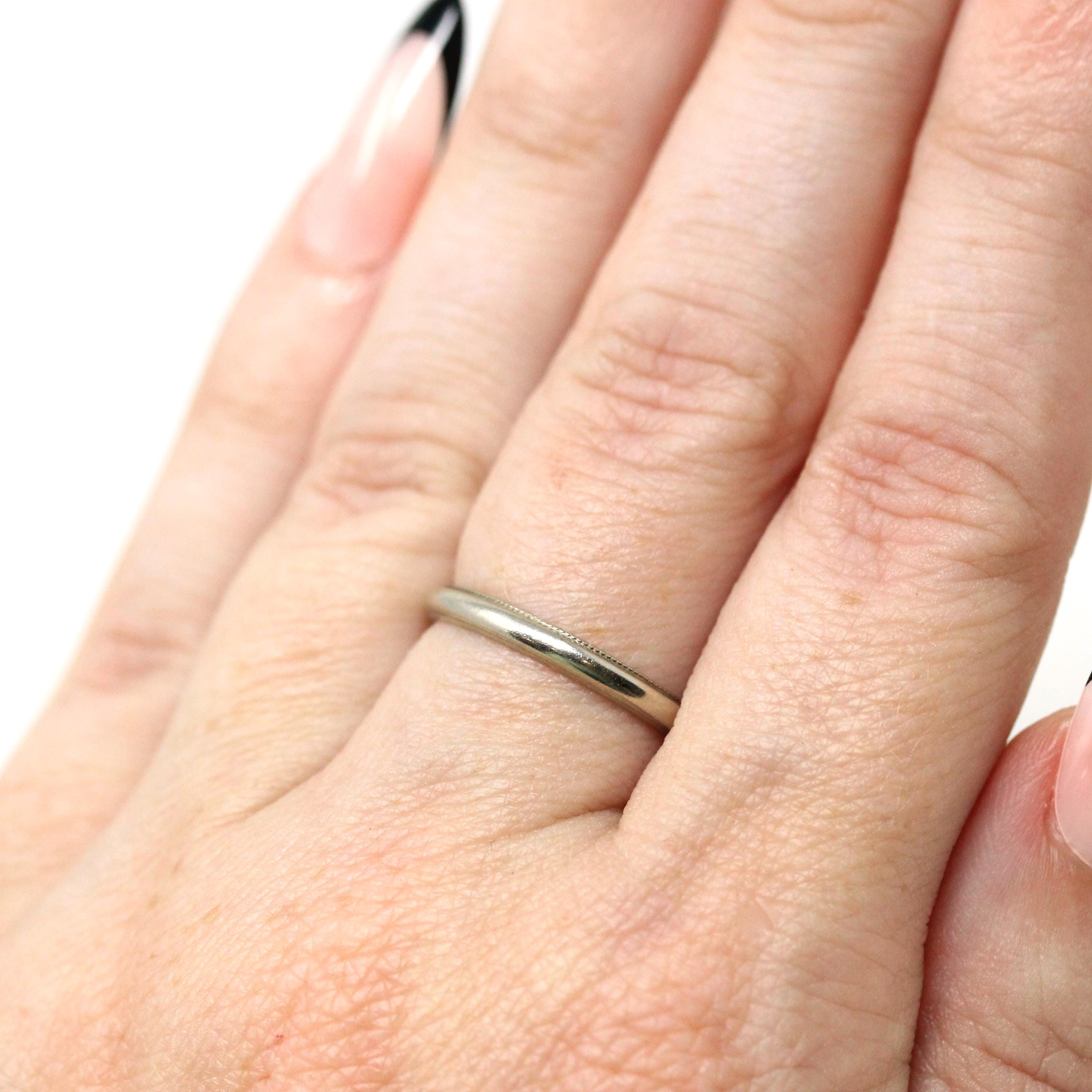 Vintage Wedding Band - Mid Century 14k White Gold Milgrain Plain Stacking Ring with Inscription - Circa late 40s Size 6 Bridal Fine Jewelry