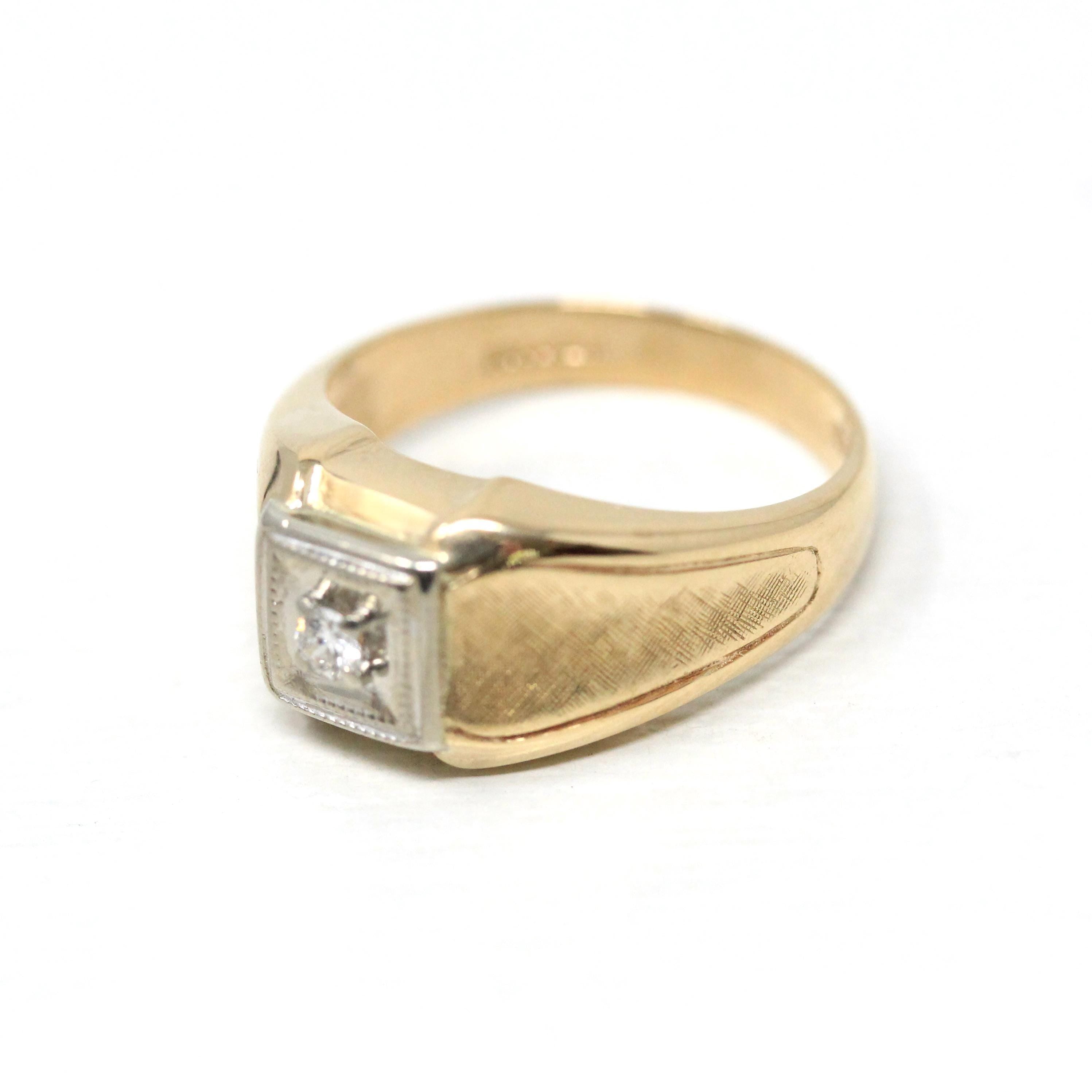 Vintage Diamond Ring - Retro 10k Yellow & White Gold Natural Gemstone Men's Unisex Wedding Band - Circa 1970s Era Size 9 1/2 Fine Jewelry