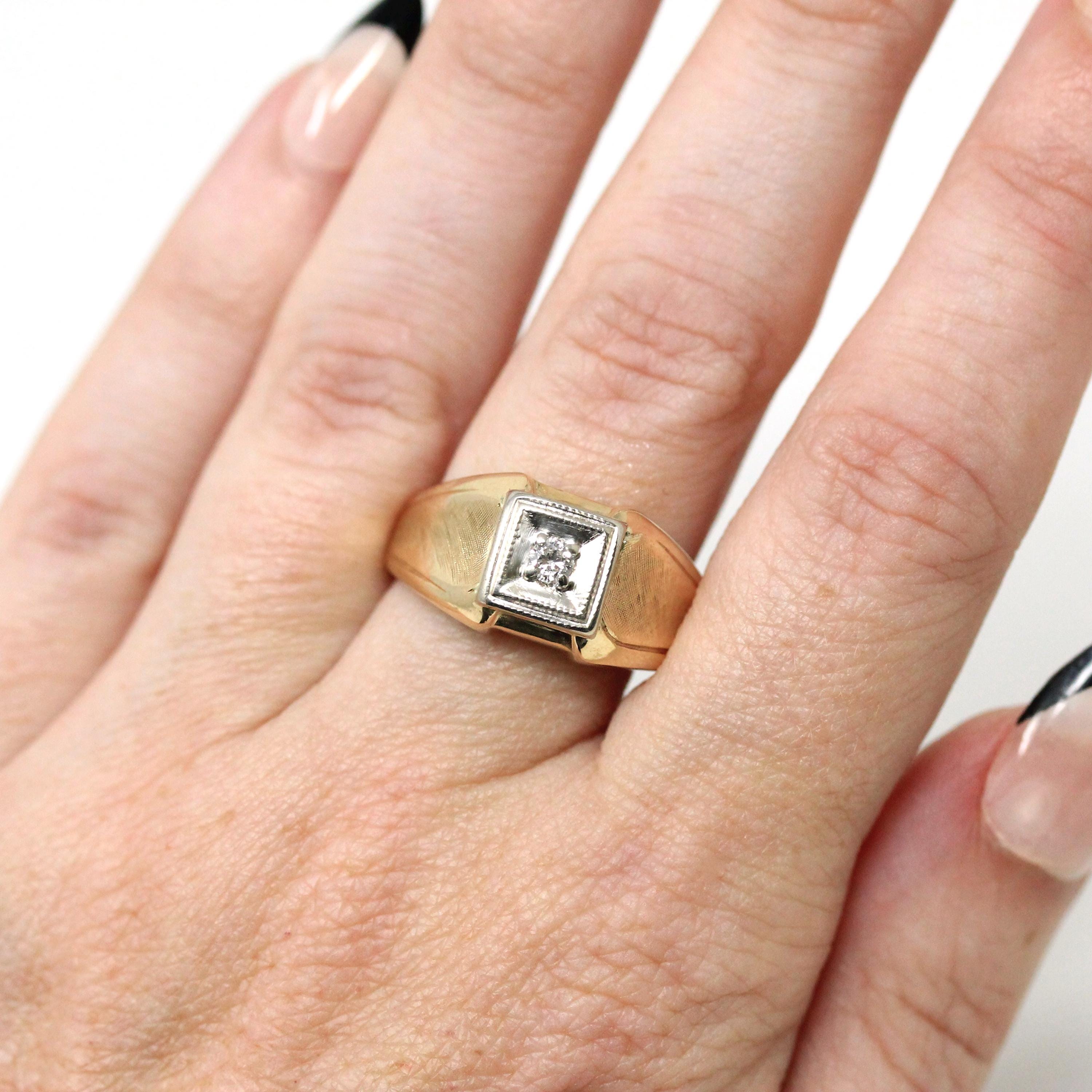 Vintage Diamond Ring - Retro 10k Yellow & White Gold Genuine Gemstone Men's Unisex Wedding Band - Circa 1970s Era Size 9 1/2 Fine Jewelry