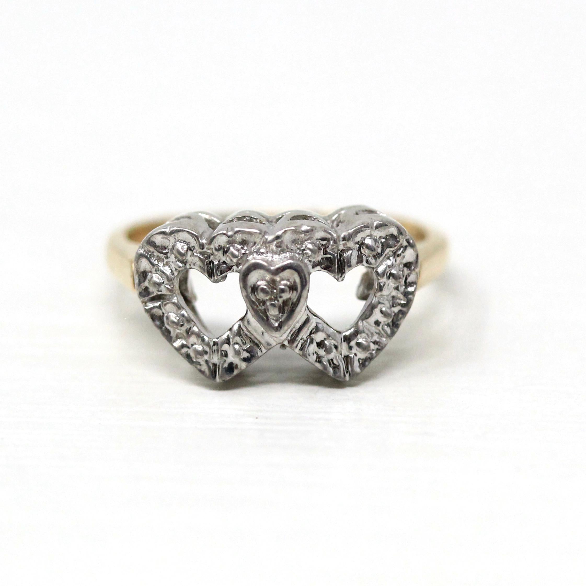 Vintage Sweetheart Ring - Mid Century 10k Yellow & White Gold Double Heart Promise Love - Circa 1950s Era Size 4 Statement Fine 50s Jewelry