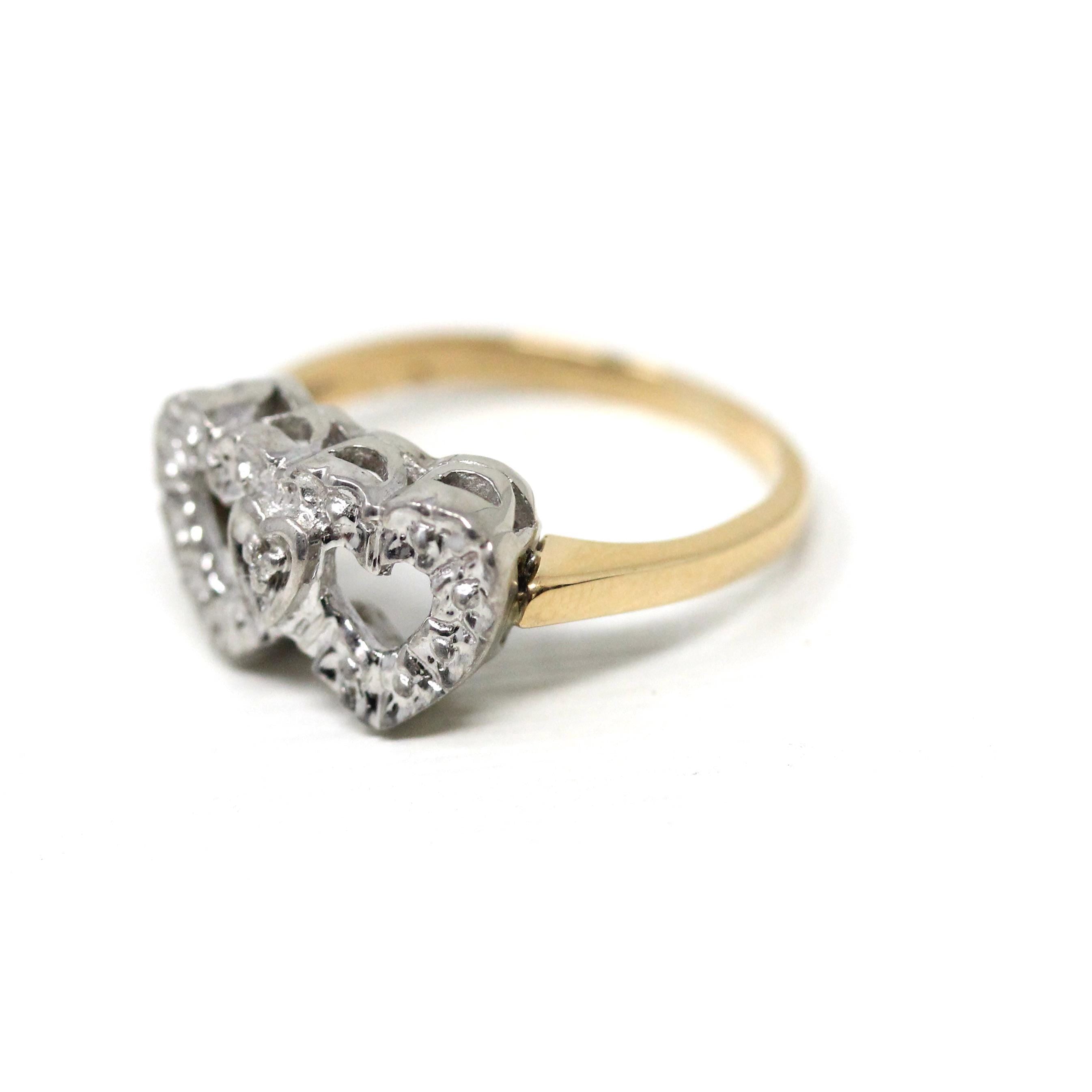 Vintage Sweetheart Ring - Mid Century 10k Yellow & White Gold Double Heart Promise Love - Circa 1950s Era Size 4 Statement Fine 50s Jewelry