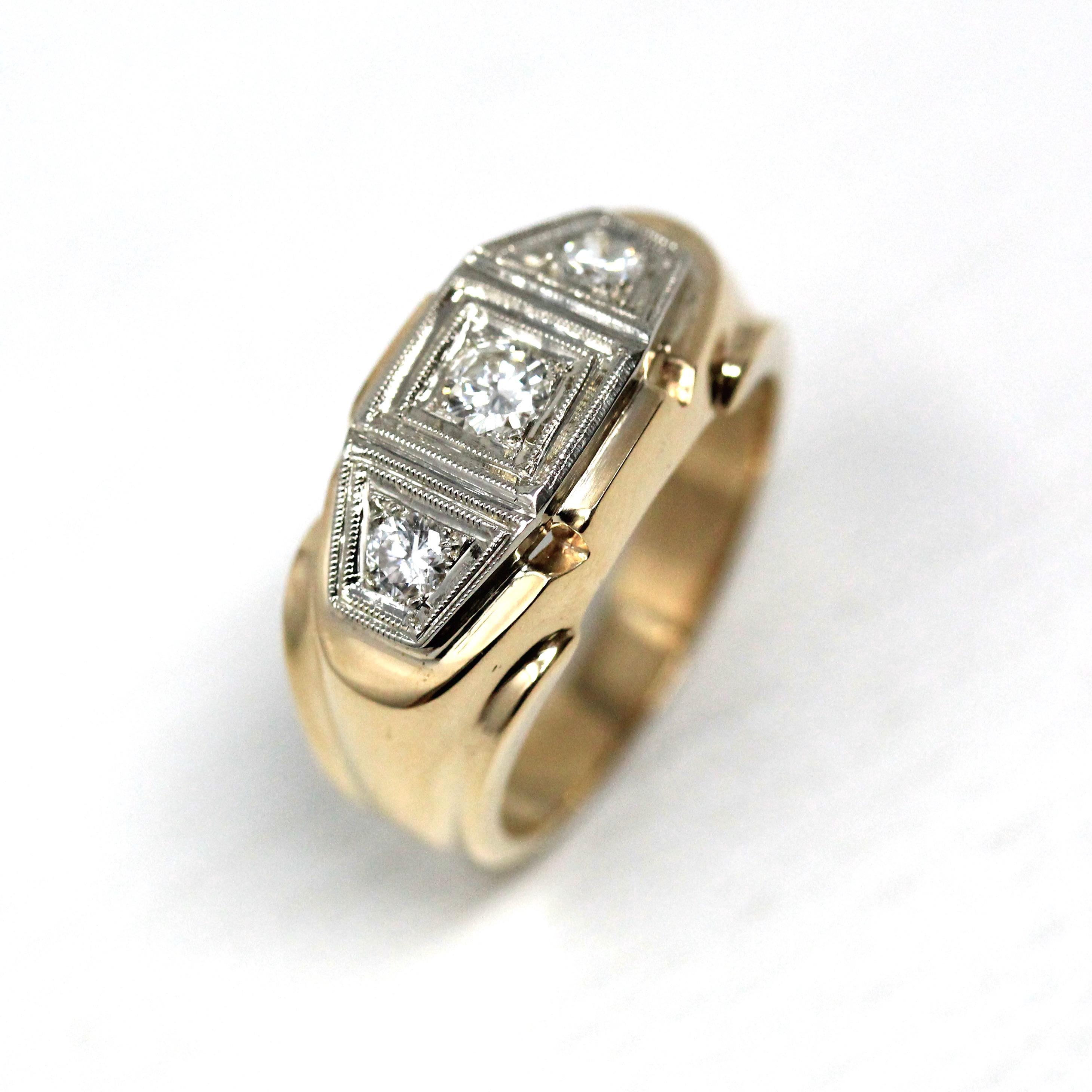 Vintage Diamond Ring - Retro 14k Yellow & White Gold Unisex Men's Two Tone Band - Circa 1960s Era Size 10 Statement Engagement Fine Jewelry