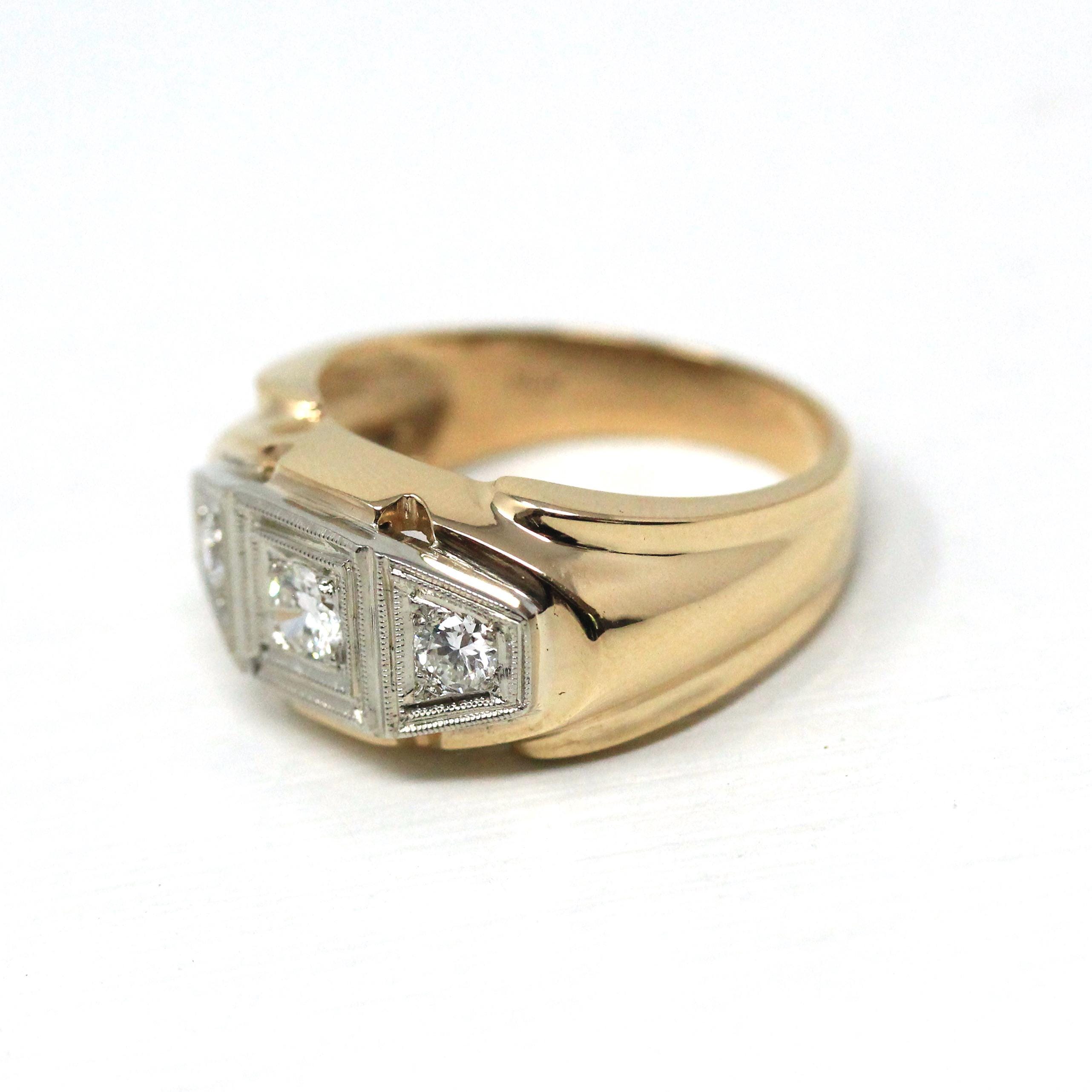 Vintage Diamond Ring - Retro 14k Yellow & White Gold Unisex Men's Two Tone Band - Circa 1960s Era Size 10 Statement Engagement Fine Jewelry