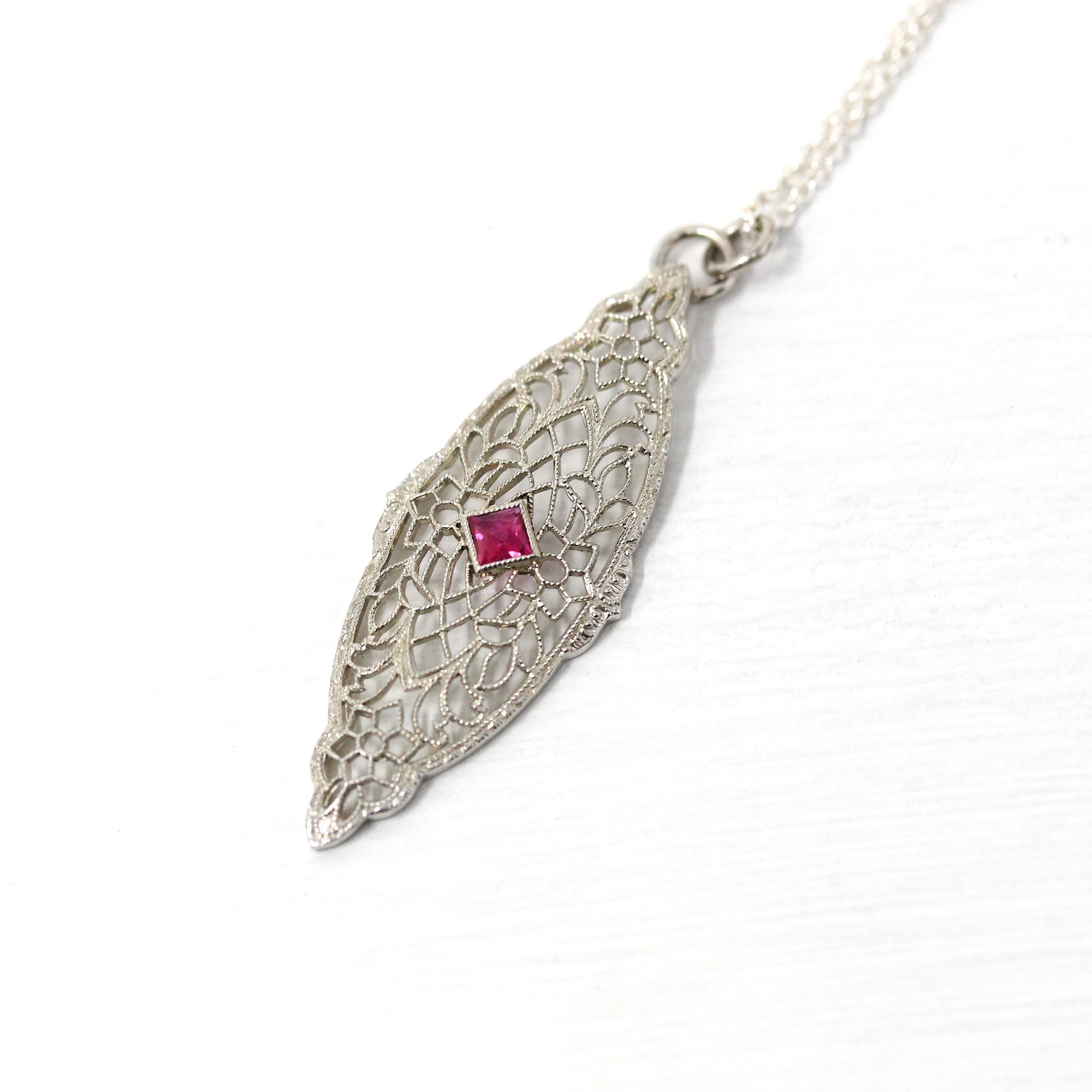 Art Deco Necklace - Vintage 10k White Gold Created Red Ruby Brooch Conversion Pendant - Circa 1930s Era Floral Filigree Fine 30s Jewelry