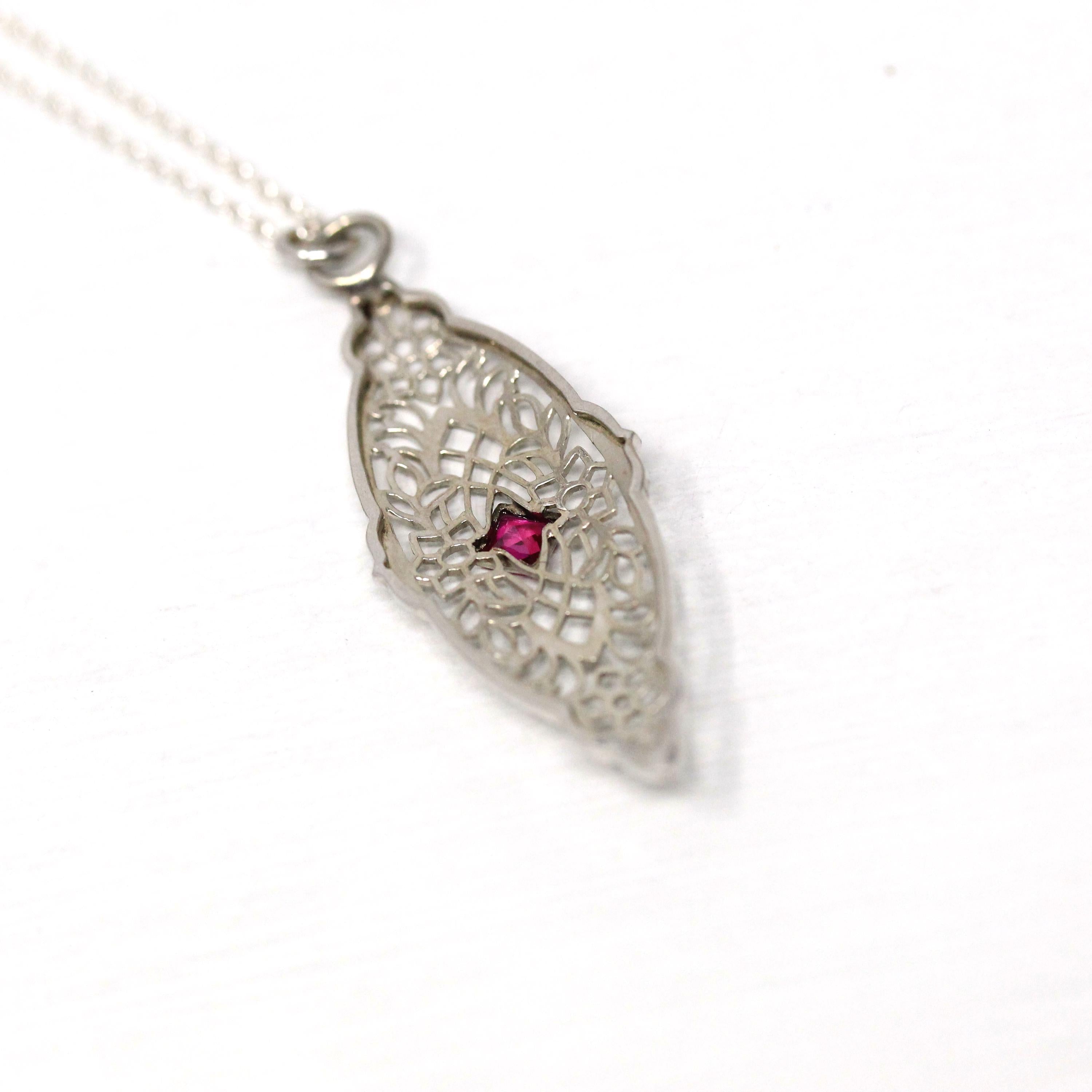 Art Deco Necklace - Vintage 10k White Gold Created Red Ruby Brooch Conversion Pendant - Circa 1930s Era Floral Filigree Fine 30s Jewelry