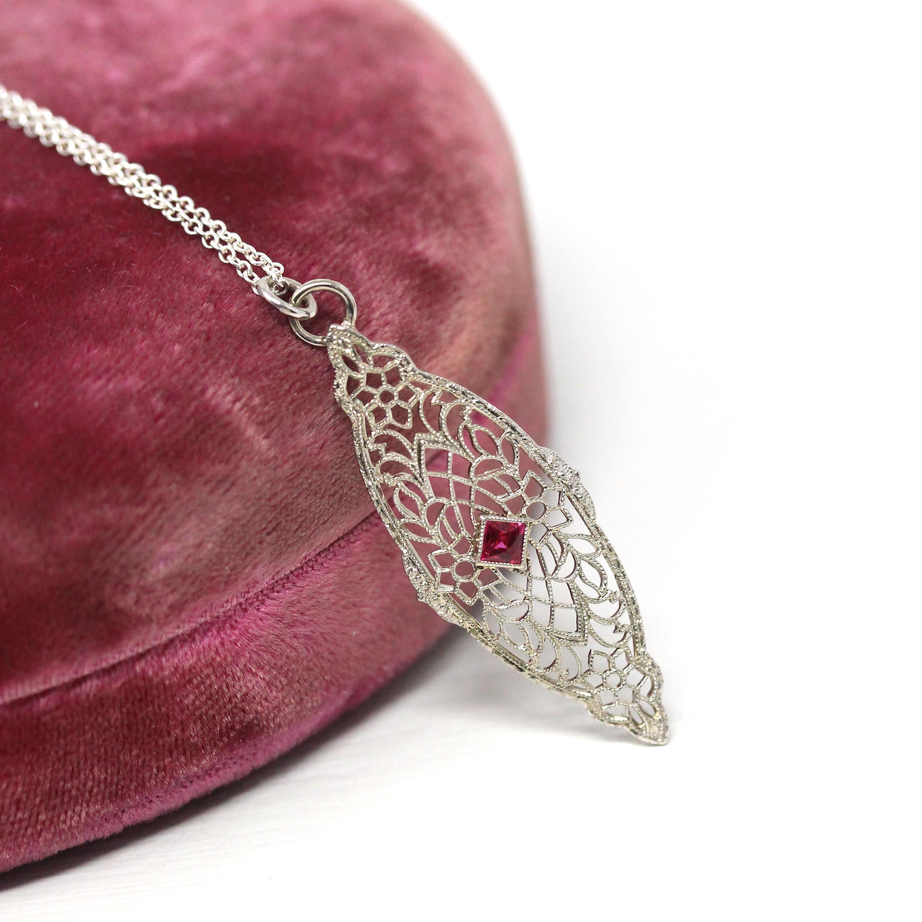 Art Deco Necklace - Vintage 10k White Gold Created Red Ruby Brooch Conversion Pendant - Circa 1930s Era Floral Filigree Fine 30s Jewelry