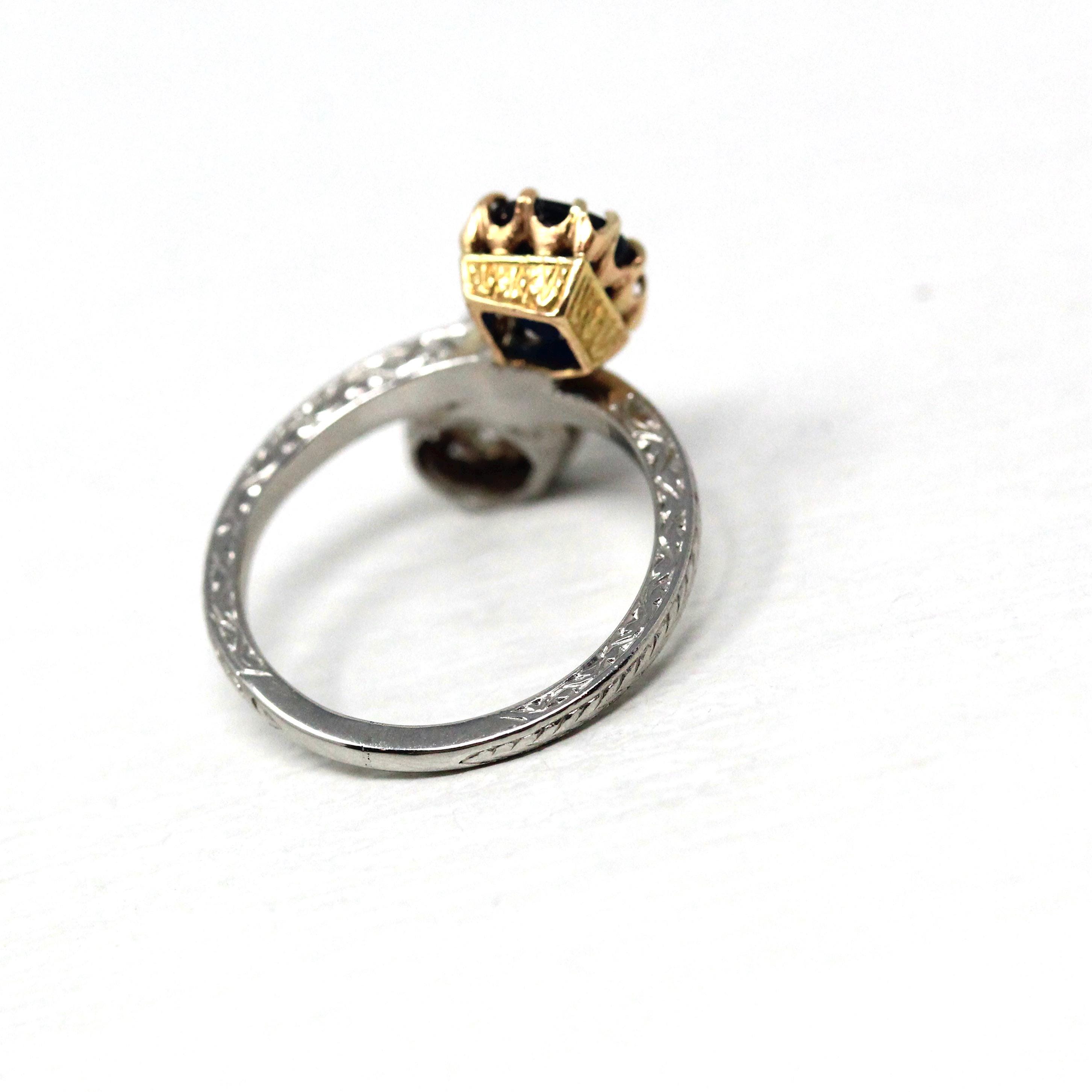 Antique Toi Et Moi Ring - Edwardian Era 18k Yellow Gold Platinum Sapphire Diamond Bypass - Vintage 1910s Size 5 1/4 Fine Jewelry w/ Report