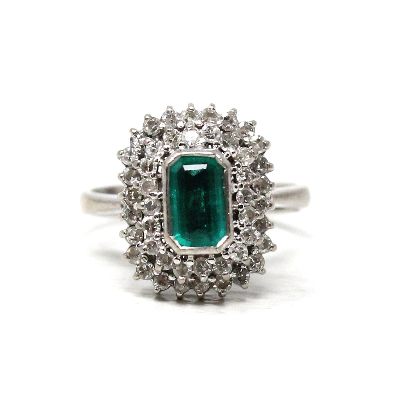 Modern Halo Ring - Estate 14k White Gold Created Emerald Diamond Engagement - Circa 1990s Era Size 4 1/2 May Birthstone Fine 90's Jewelry