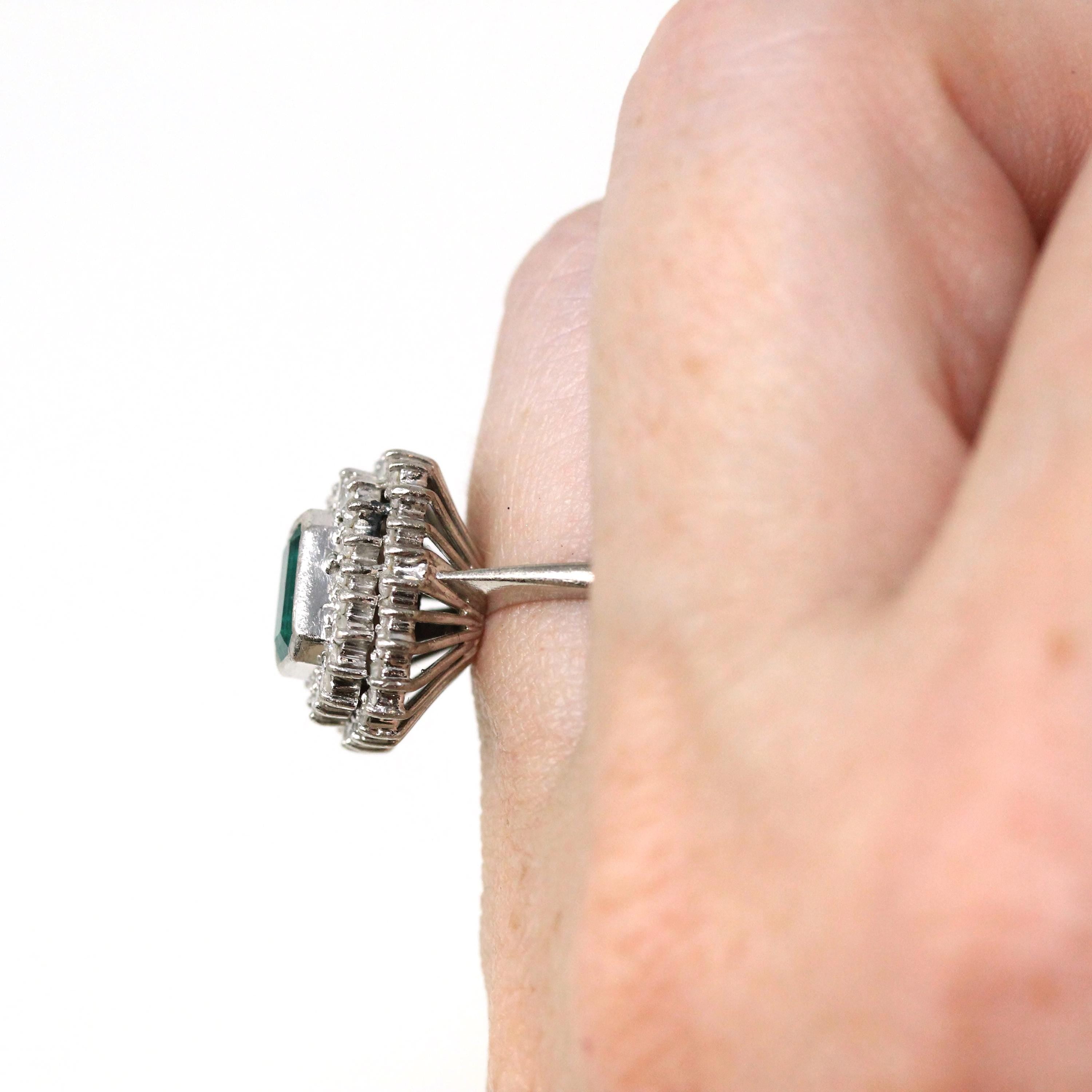 Modern Halo Ring - Estate 14k White Gold Created Emerald Diamond Engagement - Circa 1990s Era Size 4 1/2 May Birthstone Fine 90's Jewelry