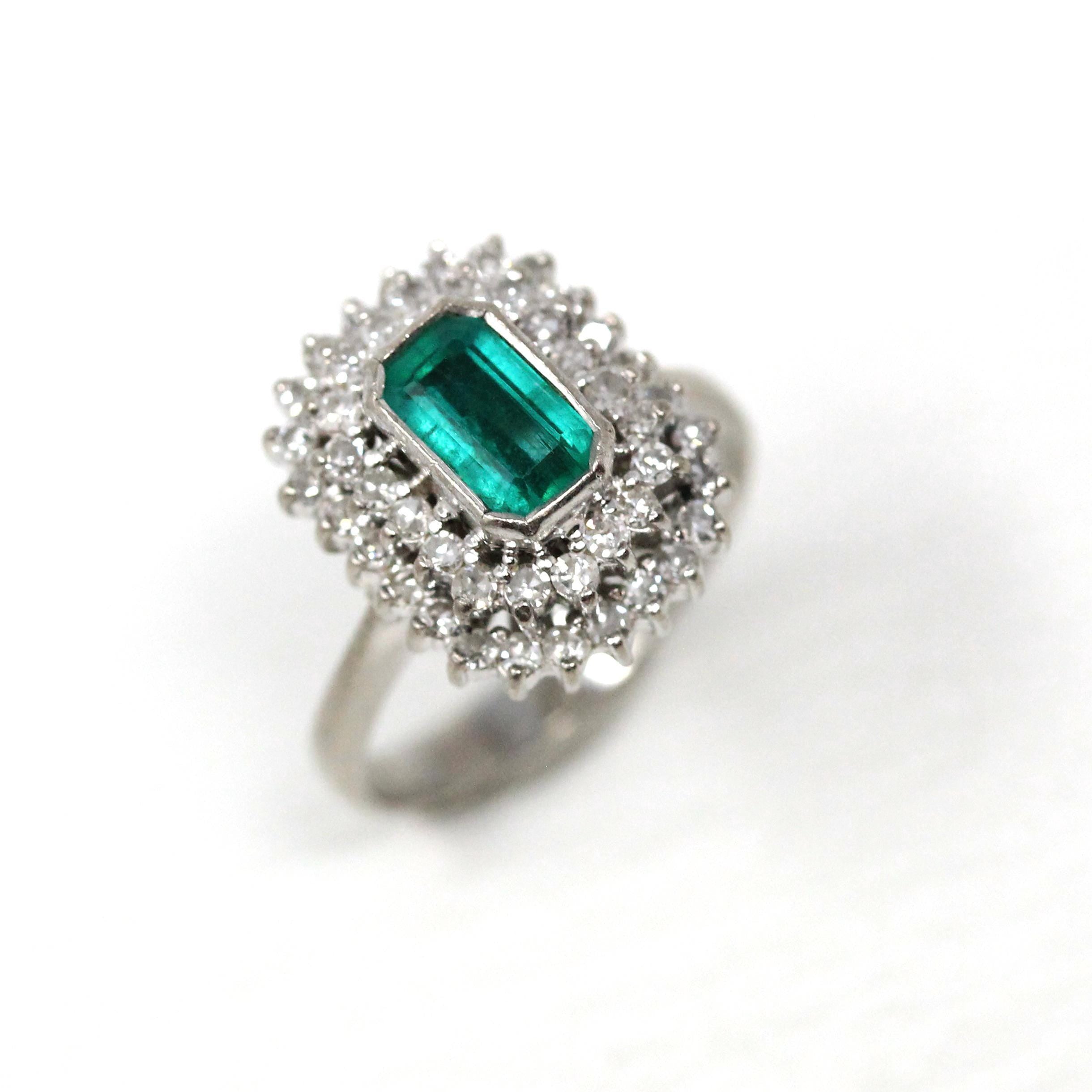 Modern Halo Ring - Estate 14k White Gold Created Emerald Diamond Engagement - Circa 1990s Era Size 4 1/2 May Birthstone Fine 90's Jewelry