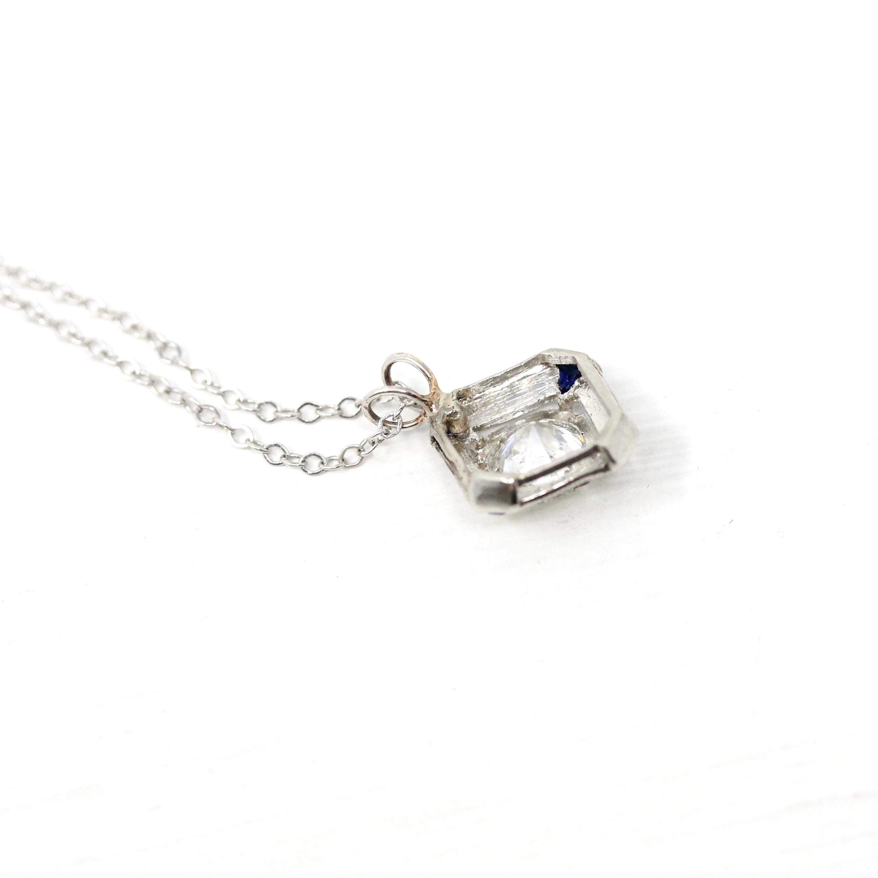 Art Deco Diamond Necklace - Antique Platinum Genuine Old European Diamond Created Sapphire Pendant - Vintage 1920s Era Dainty Fine Jewelry