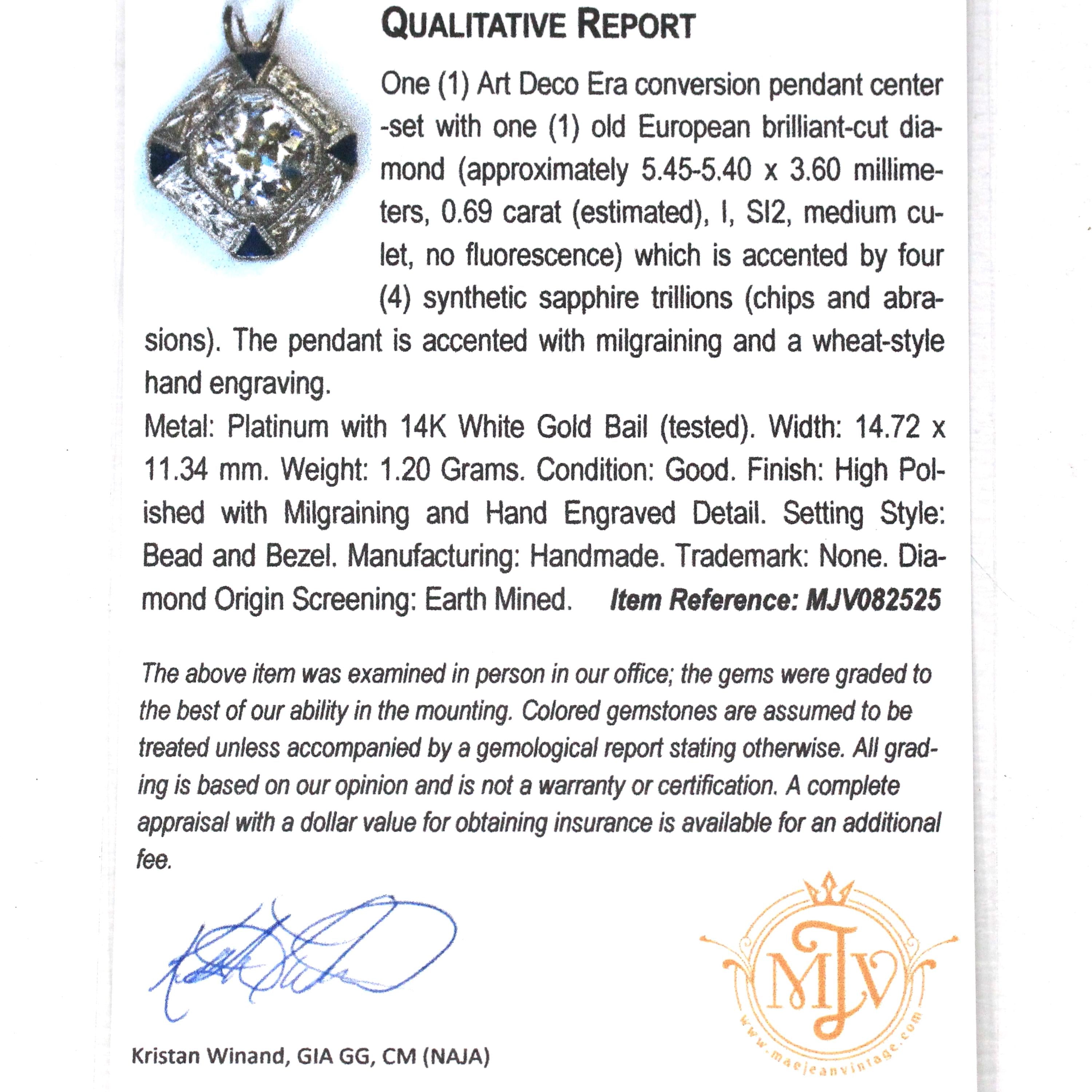 Art Deco Diamond Necklace - Antique Platinum Genuine Old European Diamond Created Sapphire Pendant - Vintage 1920s Era Dainty Fine Jewelry