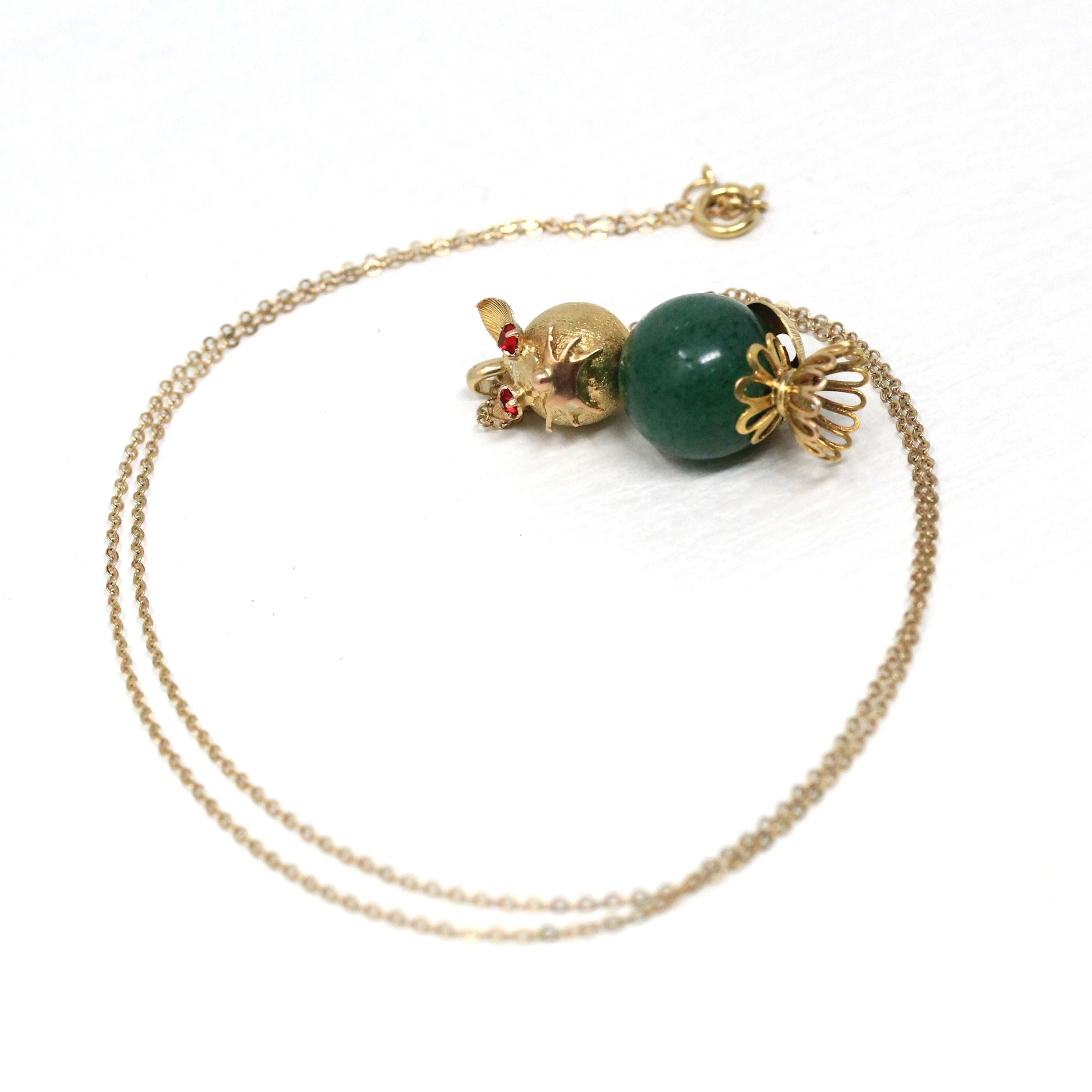 Gemstone Cat Charm - Retro Era 10k Yellow Gold Genuine Aventurine Bead Pendant - Circa 1970s Assembled Kitty Fine Figural Feline Jewelry